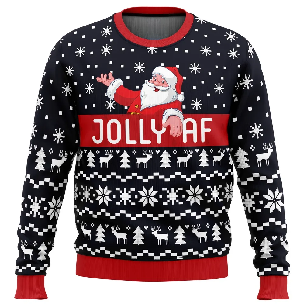 Jolly Af Santa Claus Ugly Christmas Sweater, Funny Santa Holiday Sweater, Navy Reindeer Snowflake Adult Humor Xmas Party Gift