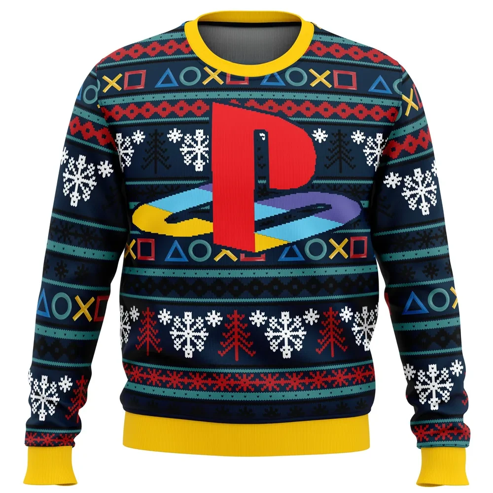PlayStation Ugly Christmas Sweater, Classic PS Logo Holiday Sweater, Triangle Circle Cross Square Buttons Pullover, Gamer Xmas Gift