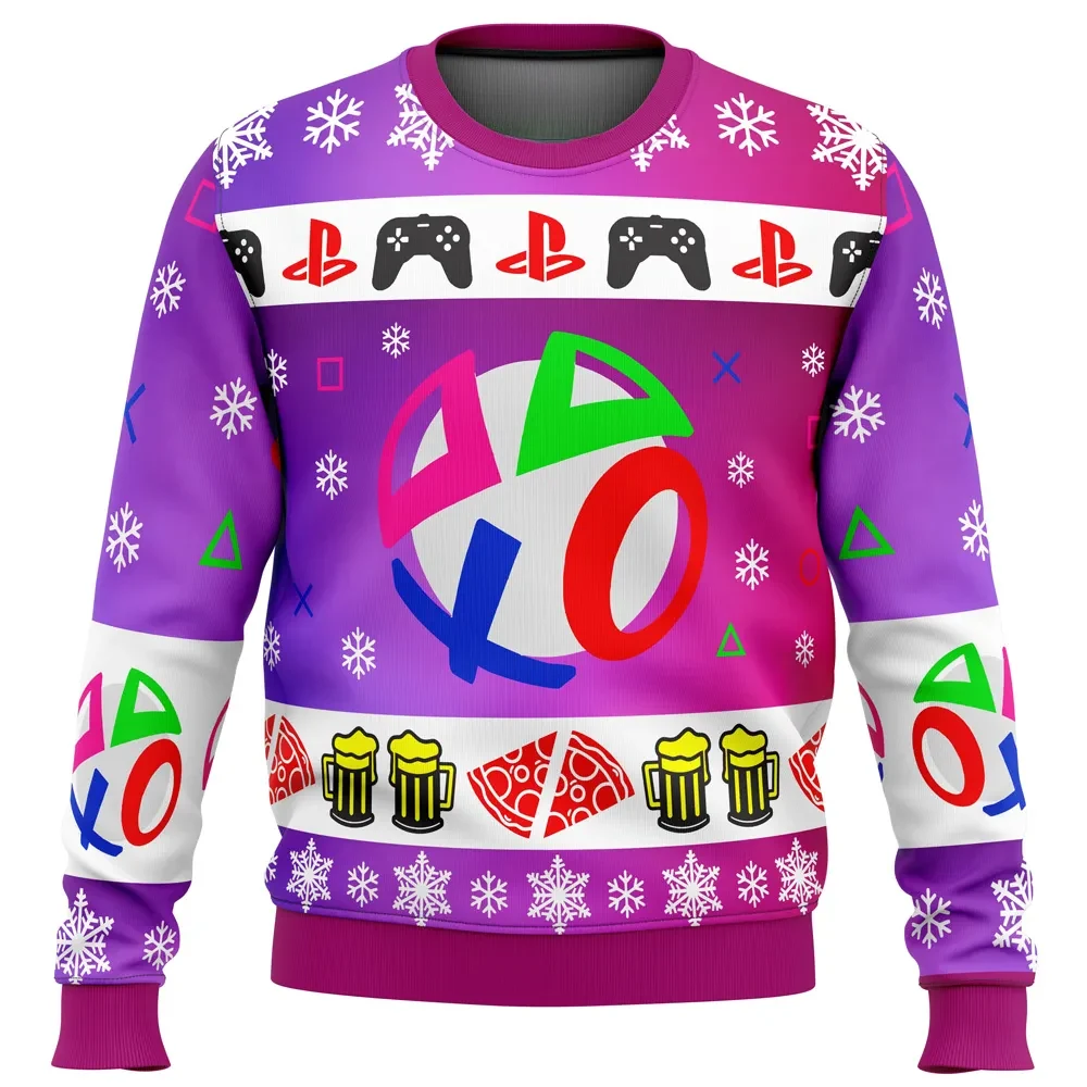 PlayStation Neon Ugly Christmas Sweater, Controller Buttons Gamer Holiday Sweater, Video Game Xmas Gift, Unisex All Over Print Pullover