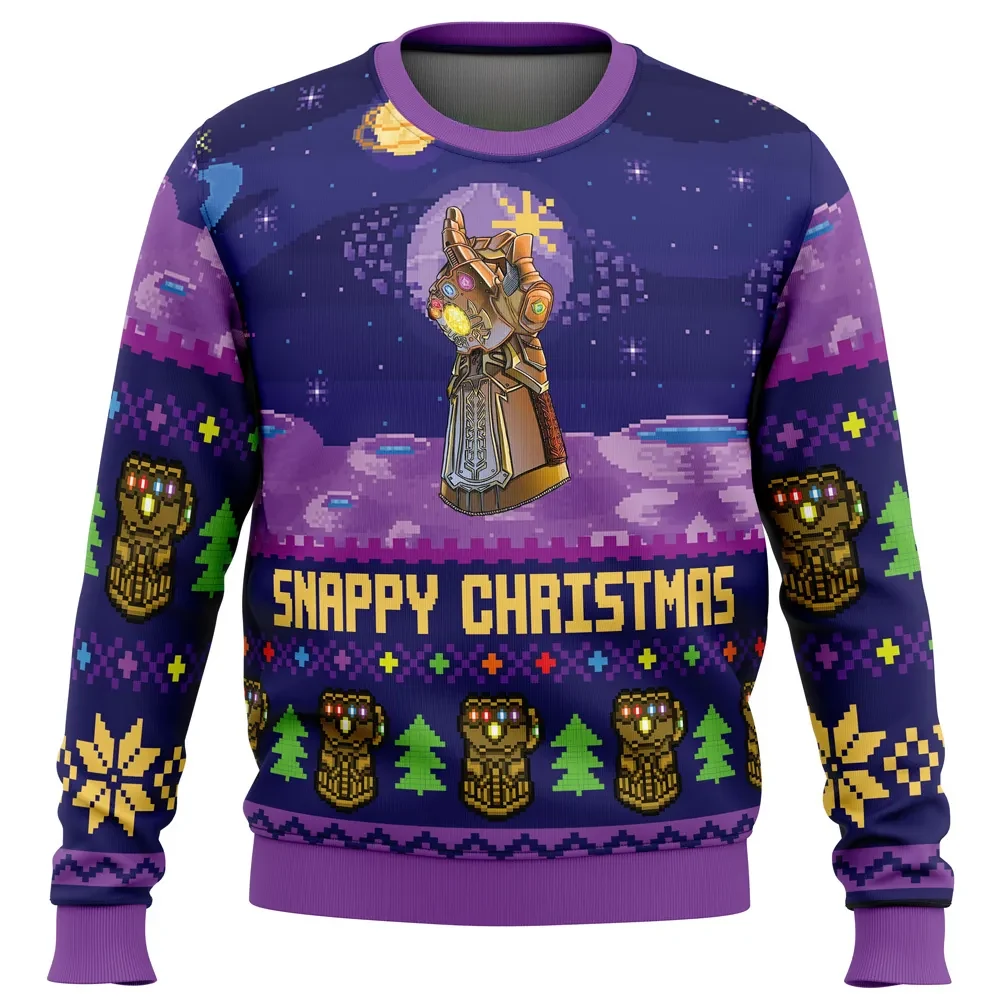 Snappy Christmas Infinity Gauntlet Marvel Ugly Christmas Sweater, Thanos Holiday Sweater, Pixel Space Scene, Superhero Xmas Gift for Fans