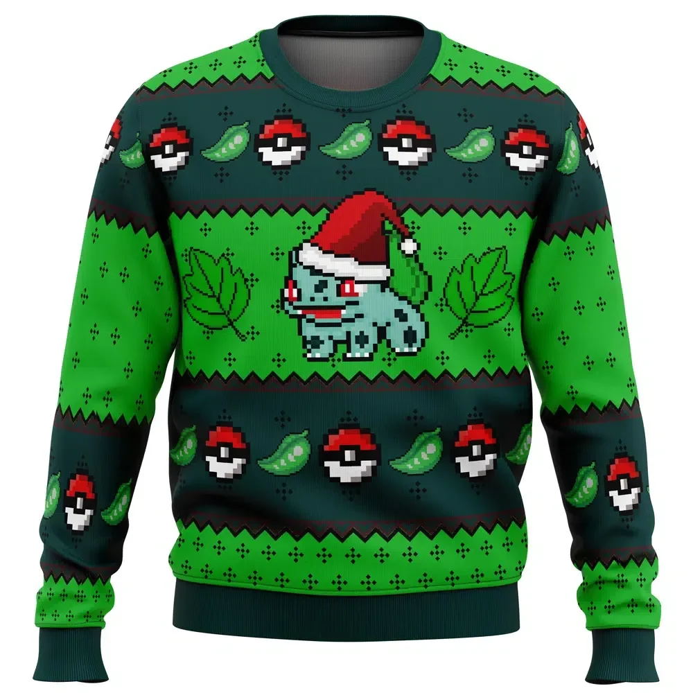 Pokemon Bulbasaur Ugly Christmas Sweater, Bulbasaur Santa Hat Holiday Sweater, Pixel Grass Type Starter with Poke Balls, Gamer Xmas Gift