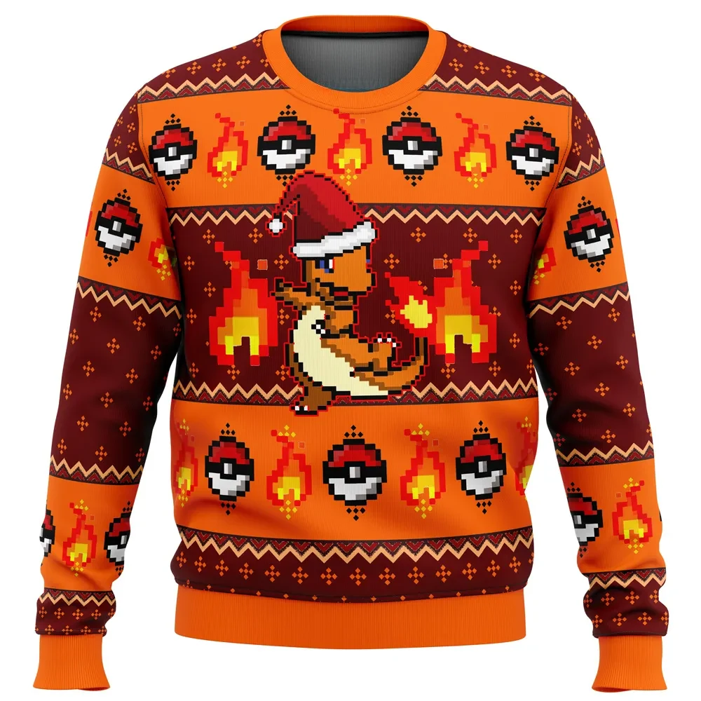 Pokemon Charmander Ugly Christmas Sweater, Santa Charmander Holiday Sweater, Pixel Fire Type with Poke Balls, Gamer Xmas Gift