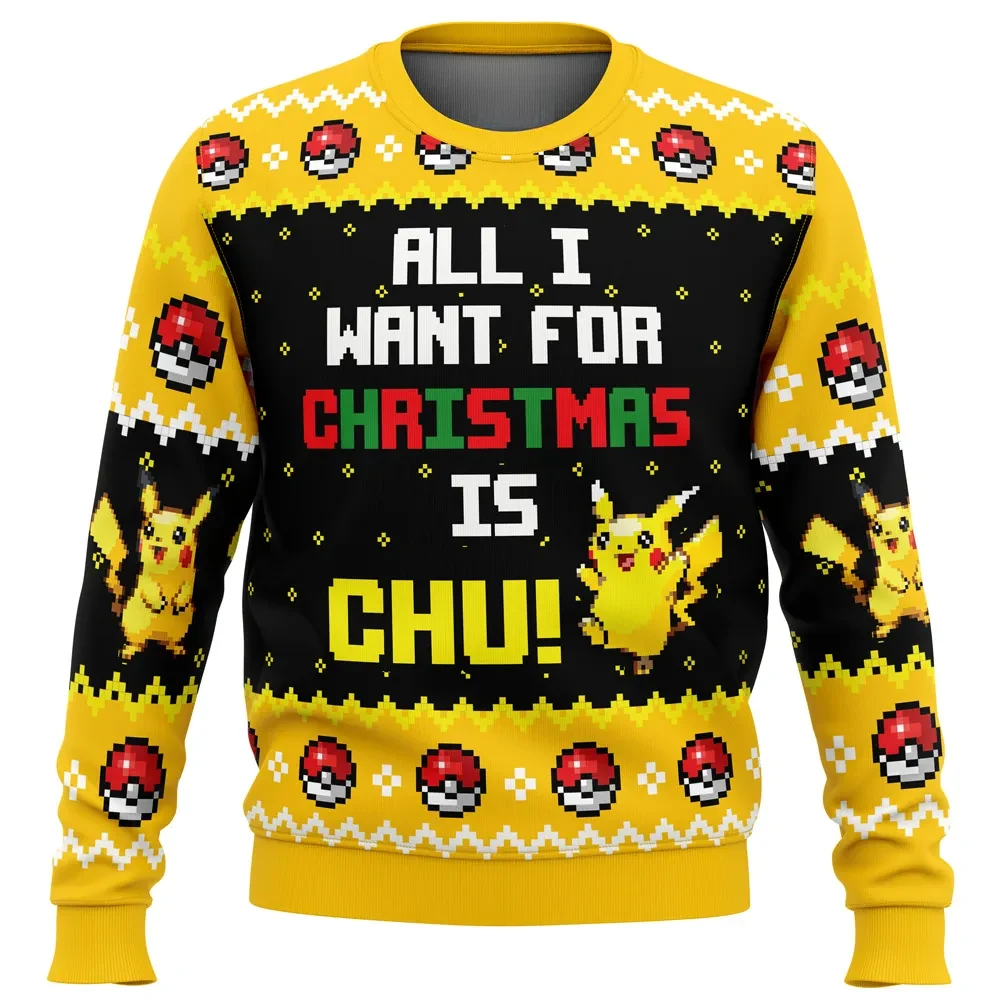 All I Want for Christmas Is Chu Pikachu Pokemon Ugly Christmas Sweater, Pikachu Holiday Sweater, Anime Xmas Jumper