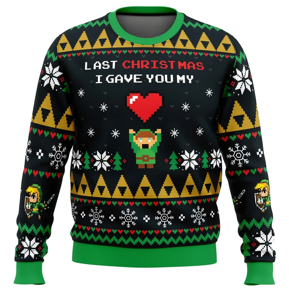 Link To My Heart Legend of Zelda Ugly Christmas Sweater, Last Christmas I Gave You My Heart, Pixel Triforce Xmas Pullover, Gamer Holiday Gift