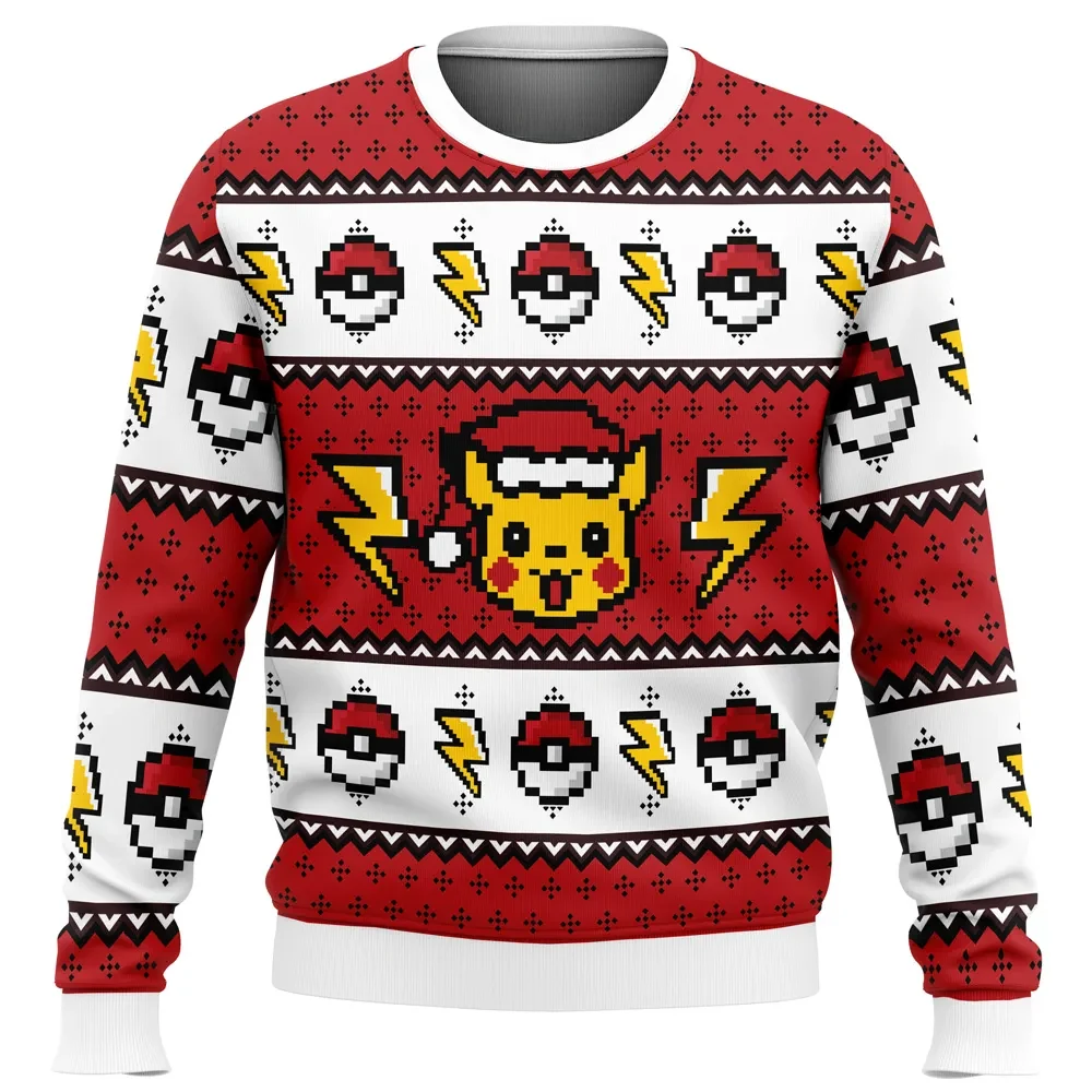 Pokemon Pikachu Ugly Christmas Sweater, Pikachu Santa Hat Holiday Sweater, Pixel Lightning Bolts and Poke Balls, Anime Xmas Gift