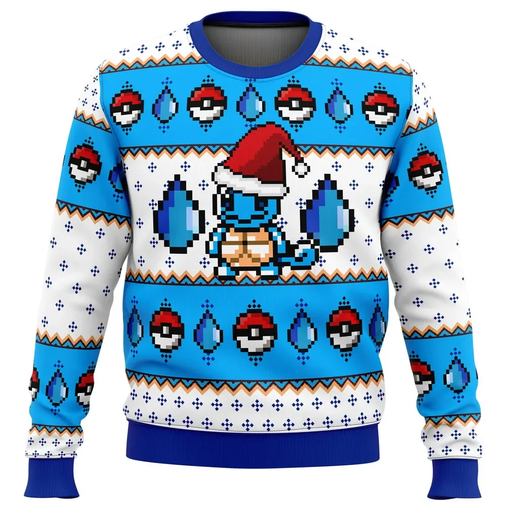 Pokemon Squirtle Santa Hat Ugly Christmas Sweater, Pokemon Holiday Sweater, Pixel Water Type Starter with Poke Balls, Gamer Xmas Gift