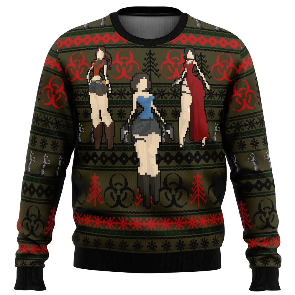Resident Evil Ugly Christmas Sweater, Claire Jill Ada Pixel Art Gamer Holiday Sweater, Survival Horror Xmas Sweatshirt, Gift for Video Game Fans