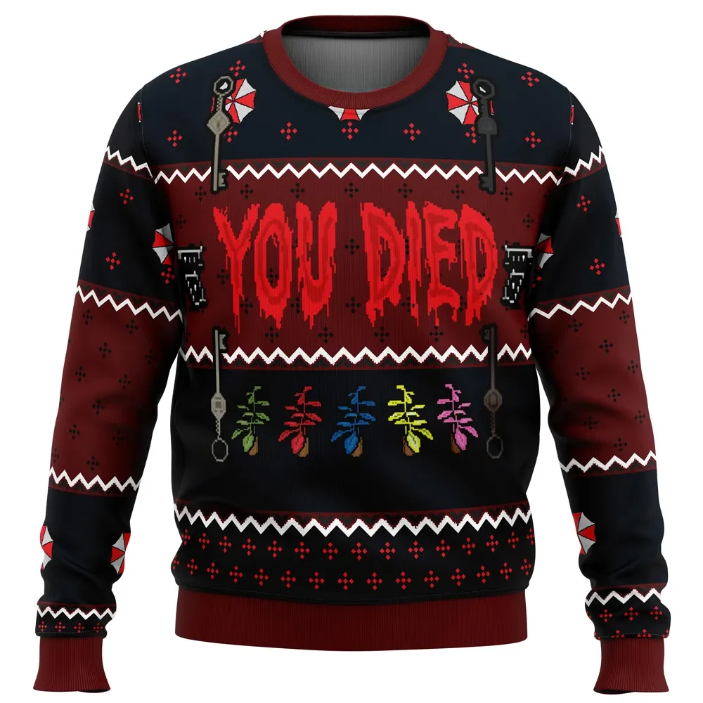 Resident Evil You Died Ugly Christmas Sweater, Umbrella Corporation and Green Herb Holiday Sweater, Survival Horror Gamer Xmas Gift