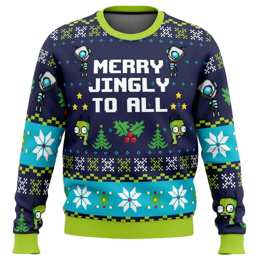Merry Jingly To All Invader Zim Ugly Christmas Sweater, GIR Dog Suit Cartoon Holiday Sweater, Funny Alien Robot Xmas Gift, Unisex Pullover