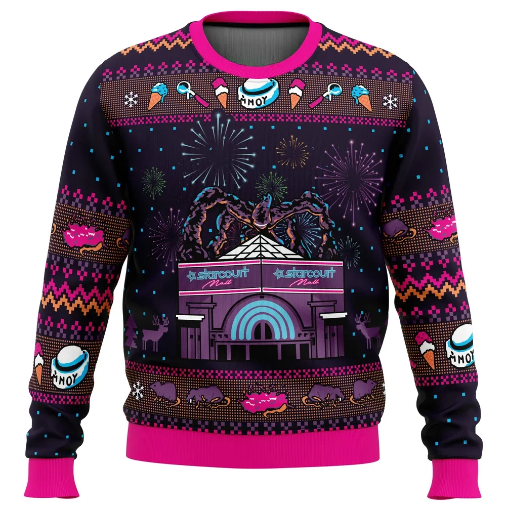 Starcourt Mall Stranger Things Ugly Christmas Sweater, Mind Flayer and Scoops Ahoy Holiday Sweater, Neon 80s TV Show Xmas Gift, Unisex Top
