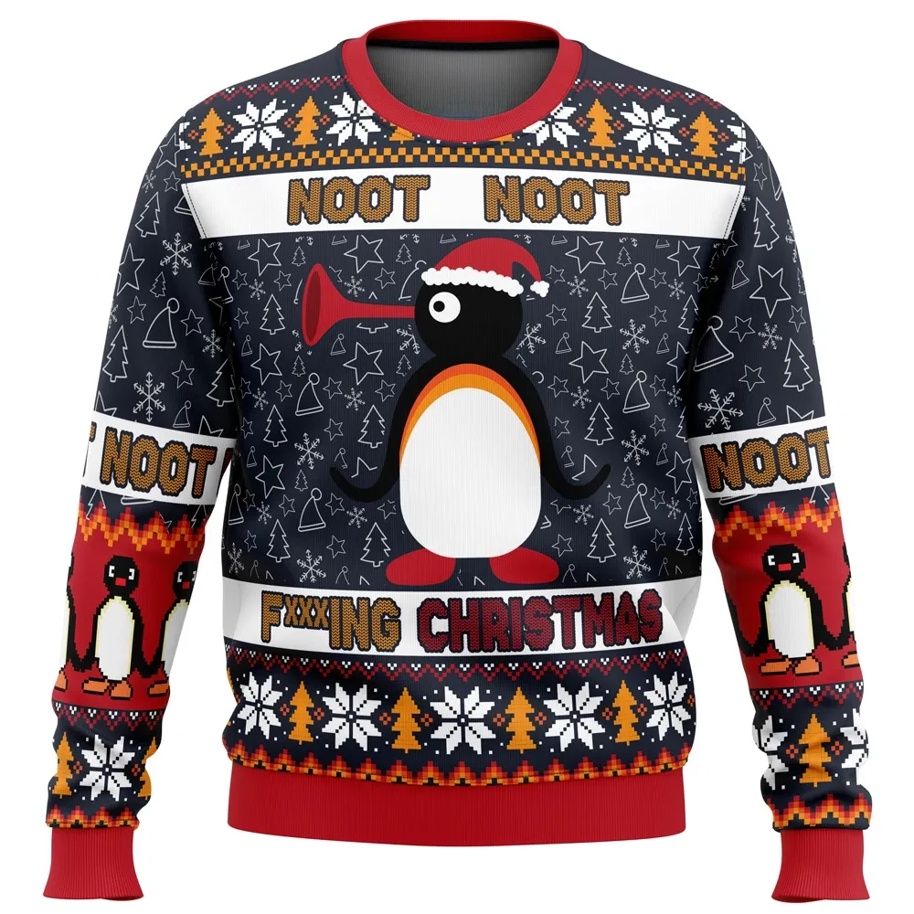 Noot Noot Pingu Christmas Ugly Sweater, Funny Penguin in Santa Hat Holiday Sweater, Cartoon Xmas Party Gift, Unisex All Over Print Sweatshirt