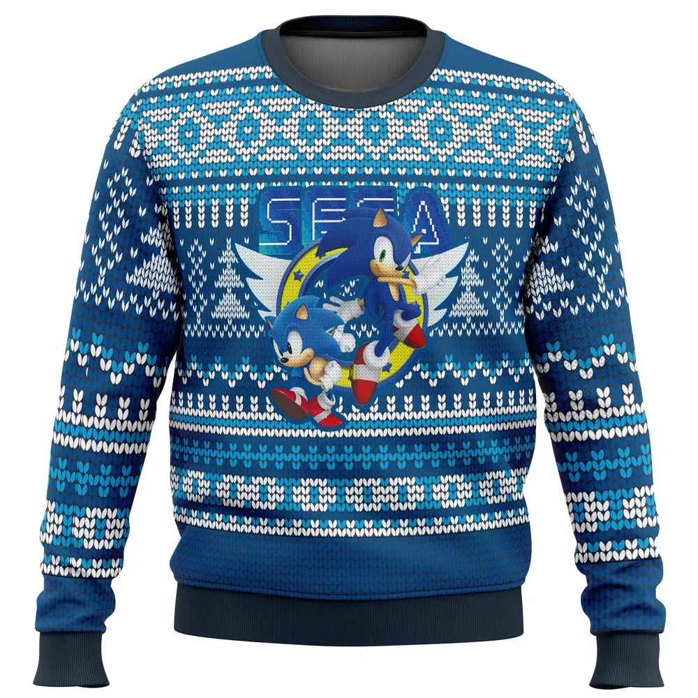 Sega Sonic the Hedgehog Ugly Christmas Sweater, Sega Holiday Sweater, Classic and Modern Blue Speedster Winged Ring Retro Gamer Xmas Gift