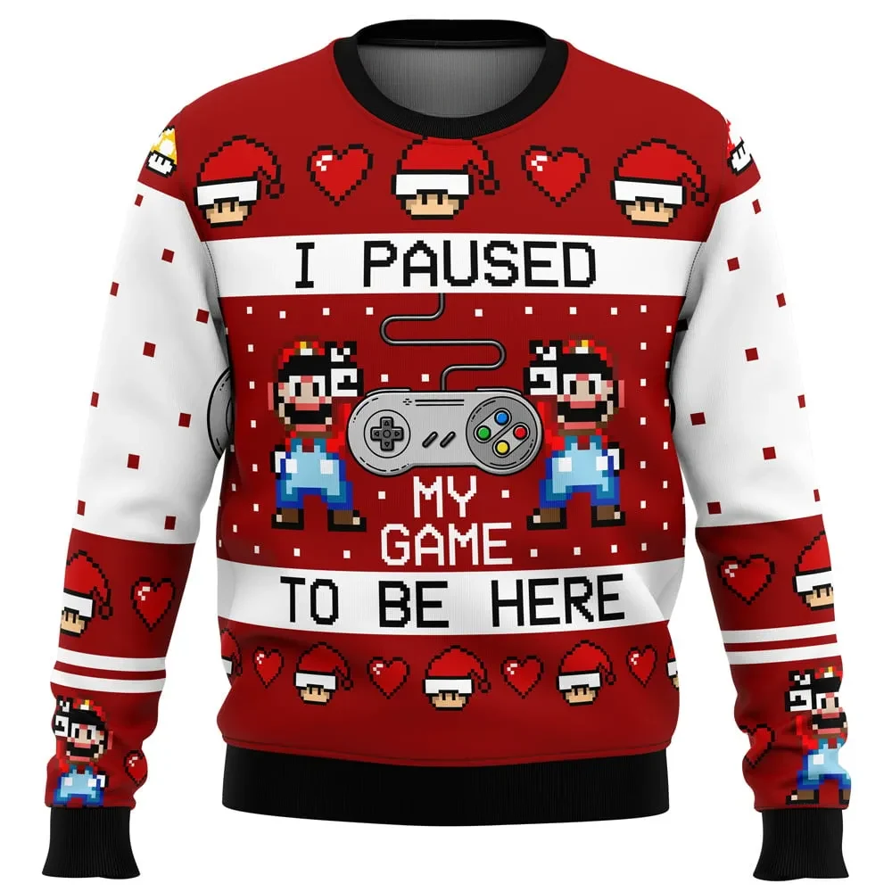 I Paused My Game To Be Here SNES Ugly Christmas Sweater, Super Mario Holiday Sweater, Funny Retro Gamer Xmas Gift for Nintendo Fans
