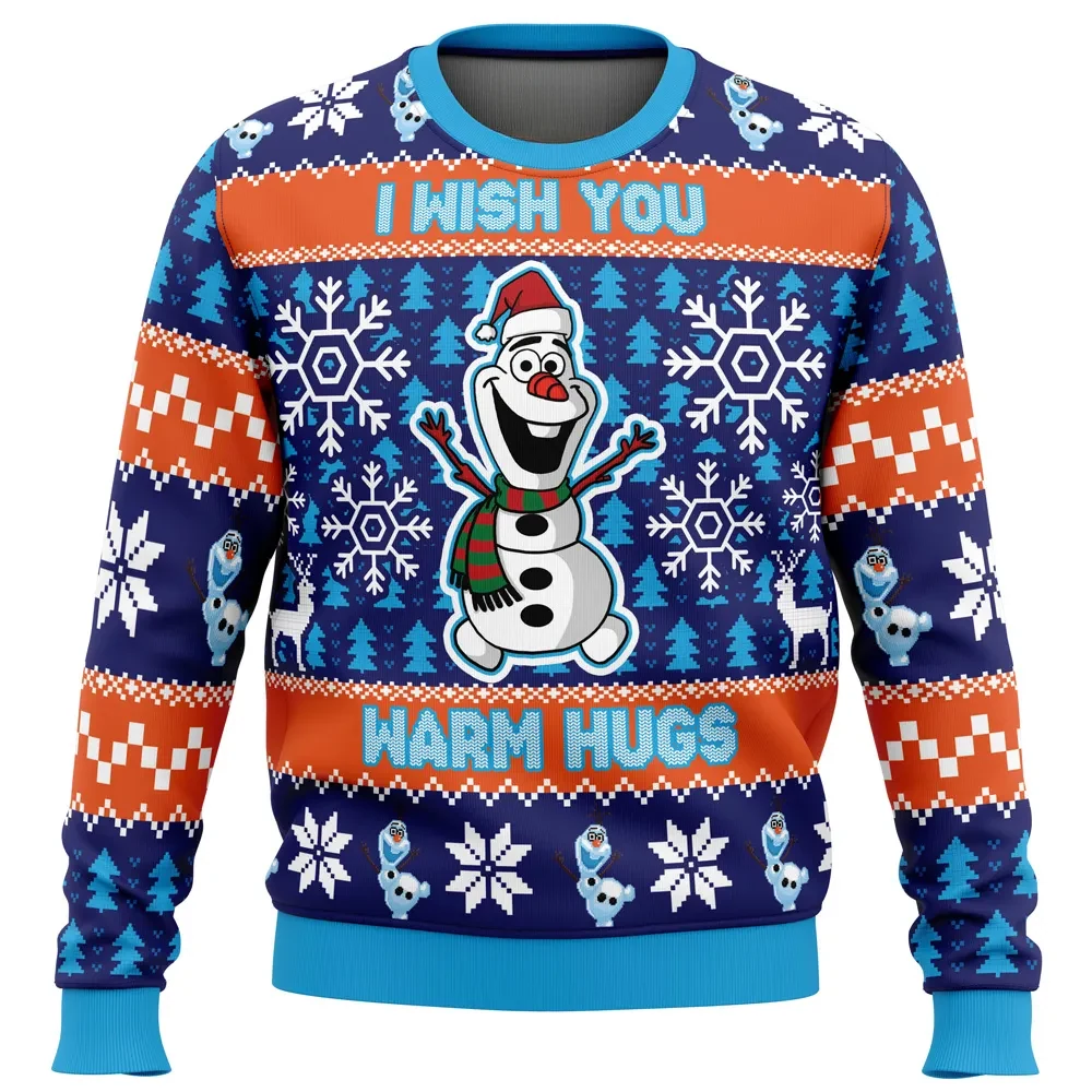 Warm Hugs Frozen Ugly Christmas Sweater, Olaf Disney Frozen Holiday Sweater, Santa Hat Snowman Arendelle Movie Xmas Gift for Families