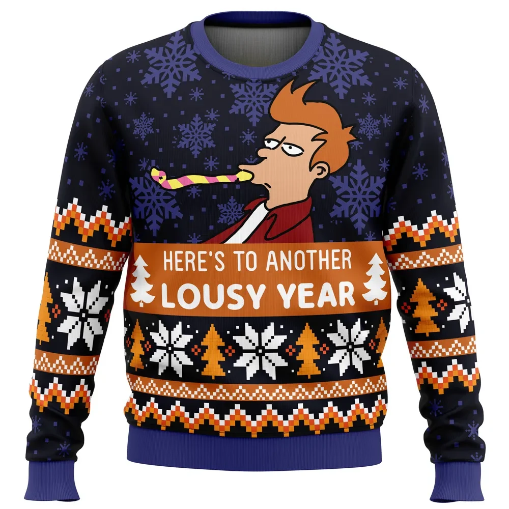 Here's To Another Lousy Year Futurama Ugly Christmas Sweater, Fry Holiday Sweater, Funny New Year Party Horn, Cartoon Xmas Gift