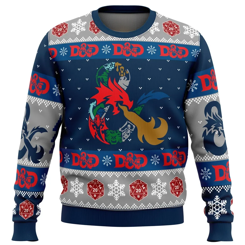 D20 Dungeons and Dragons Ugly Christmas Sweater, D&D Ampersand Dragon Logo Holiday Sweater, Tabletop RPG Gamer Xmas Gift for Dungeon Masters