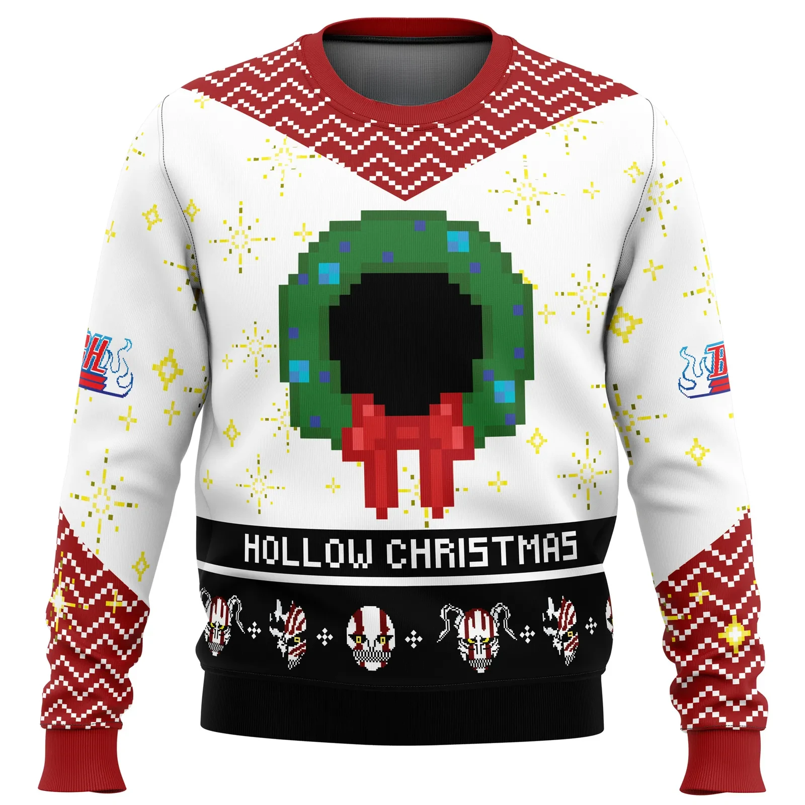 Hollow Ichigo Bleach Ugly Christmas Sweater, Bleach Hollow Christmas Holiday Sweater, Soul Reaper Pixel Wreath White Sweatshirt, Anime Xmas Gift