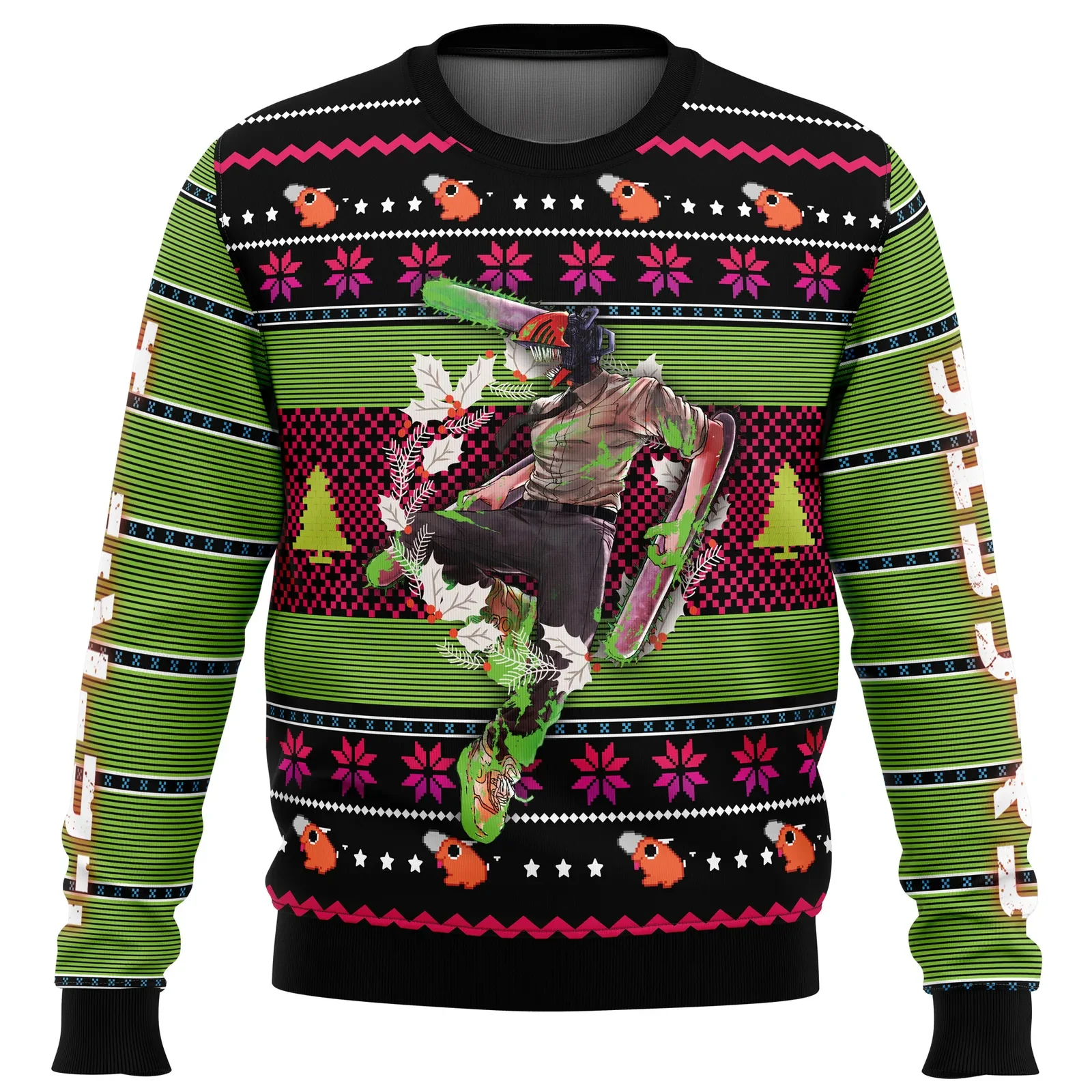 Denji Chainsaw Man Ugly Christmas Sweater, Pochita Holiday Sweater, Green and Pink Striped Anime Xmas Sweatshirt, Christmas Gift for Fans