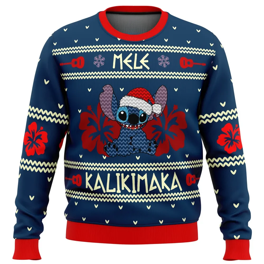 Stitch Mele Kalikimaka Ugly Christmas Sweater, Lilo and Stitch Santa Hat Hibiscus Holiday Sweater, Hawaiian Disney Xmas Gift for Fans
