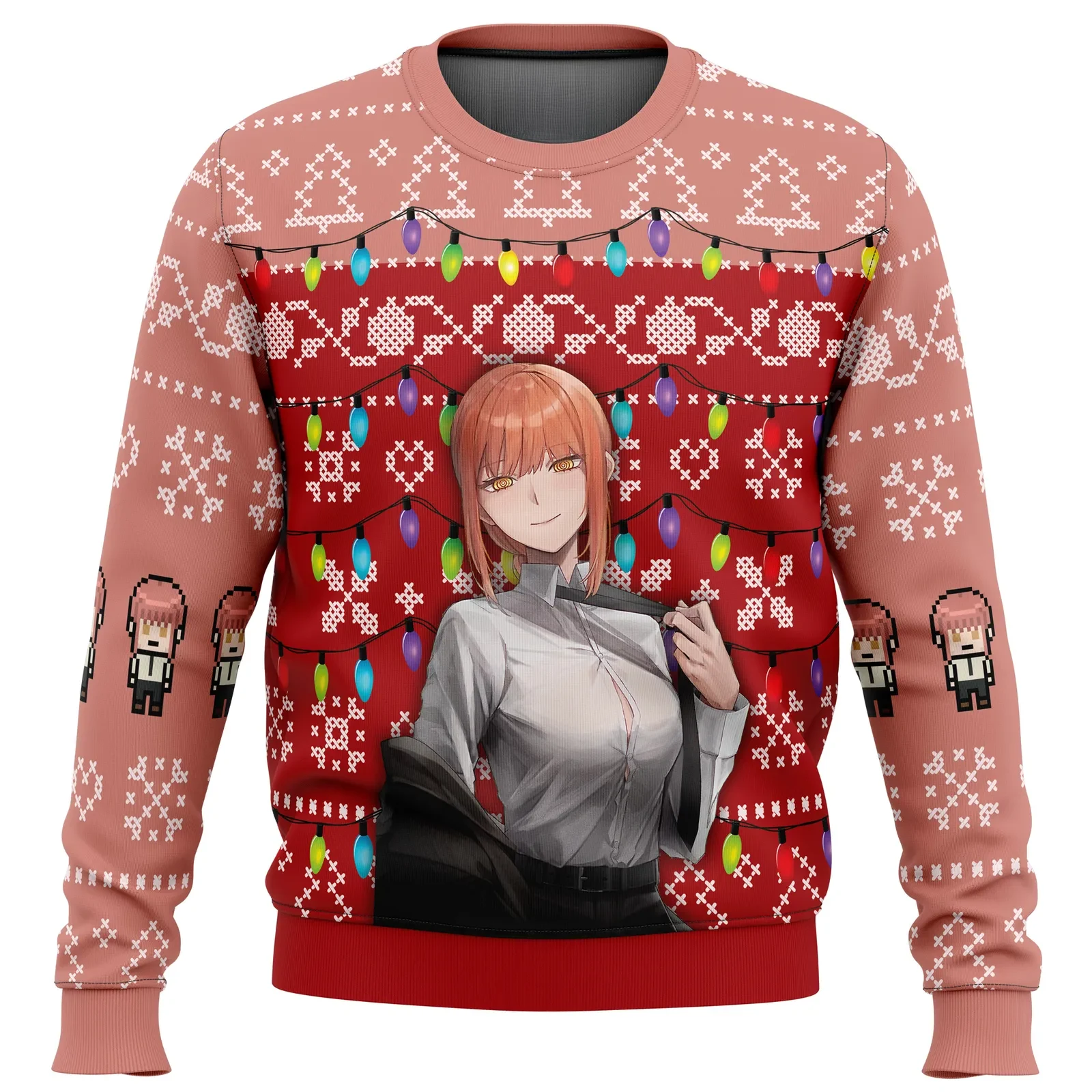 Makima Chainsaw Man Ugly Christmas Sweater, Control Devil Anime Holiday Sweater, Red Christmas Lights Xmas Sweatshirt, Anime Xmas Gift