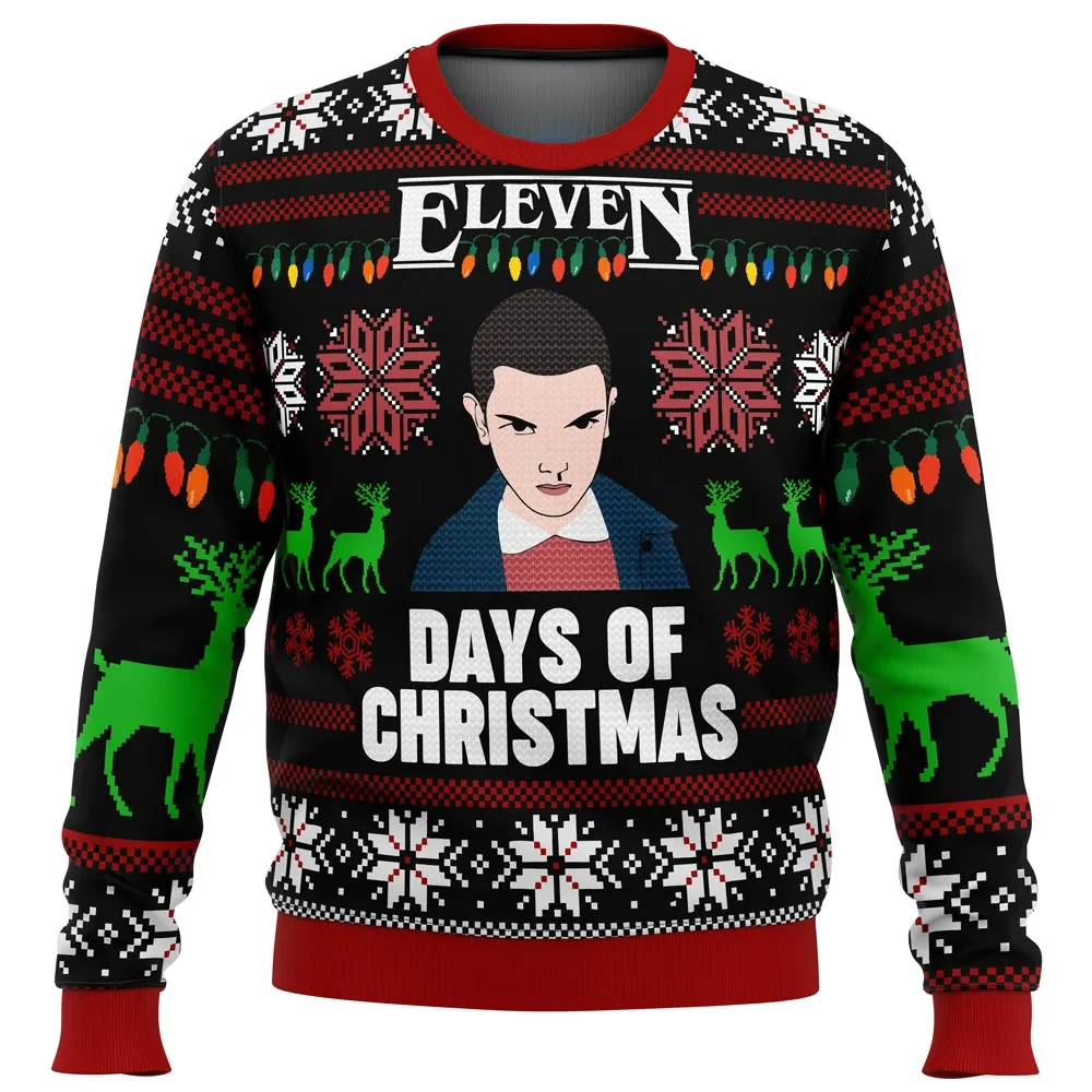 Stranger Things Eleven Days of Christmas Ugly Christmas Sweater, Stranger Things TV Show Holiday Sweater, Unisex All Over Print Xmas Jumper