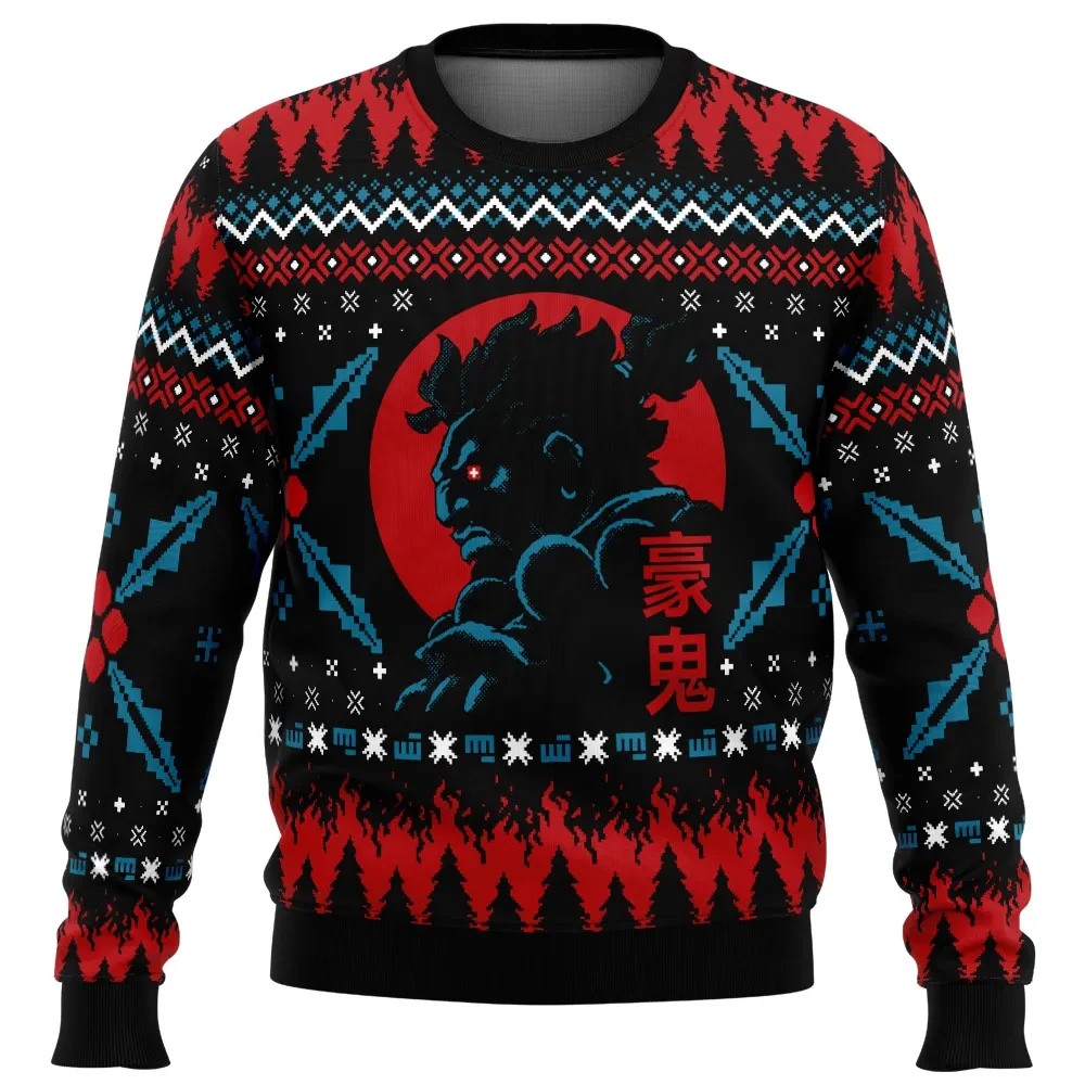 Akuma Street Fighter Ugly Christmas Sweater, Gouki Gamer Holiday Sweater, Raging Demon Ten Kanji Xmas Sweatshirt, Fighting Game Xmas Gift