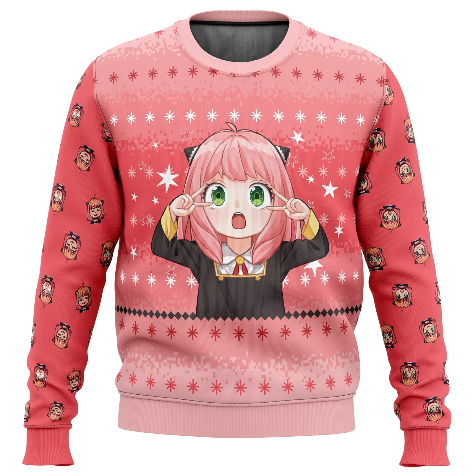 Anya Spy x Family Ugly Christmas Sweater, Anya Forger Finger Pose Pink Anime Holiday Sweatshirt, Unisex Xmas Gift for Manga Fans
