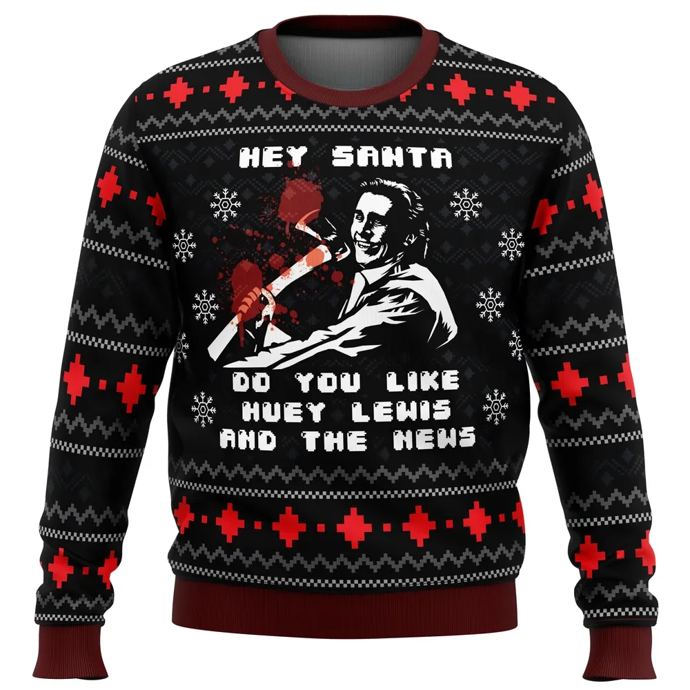 American Santa American Psycho Ugly Christmas Sweater, Hey Santa Do You Like Huey Lewis, Horror Movie Holiday Xmas Sweater