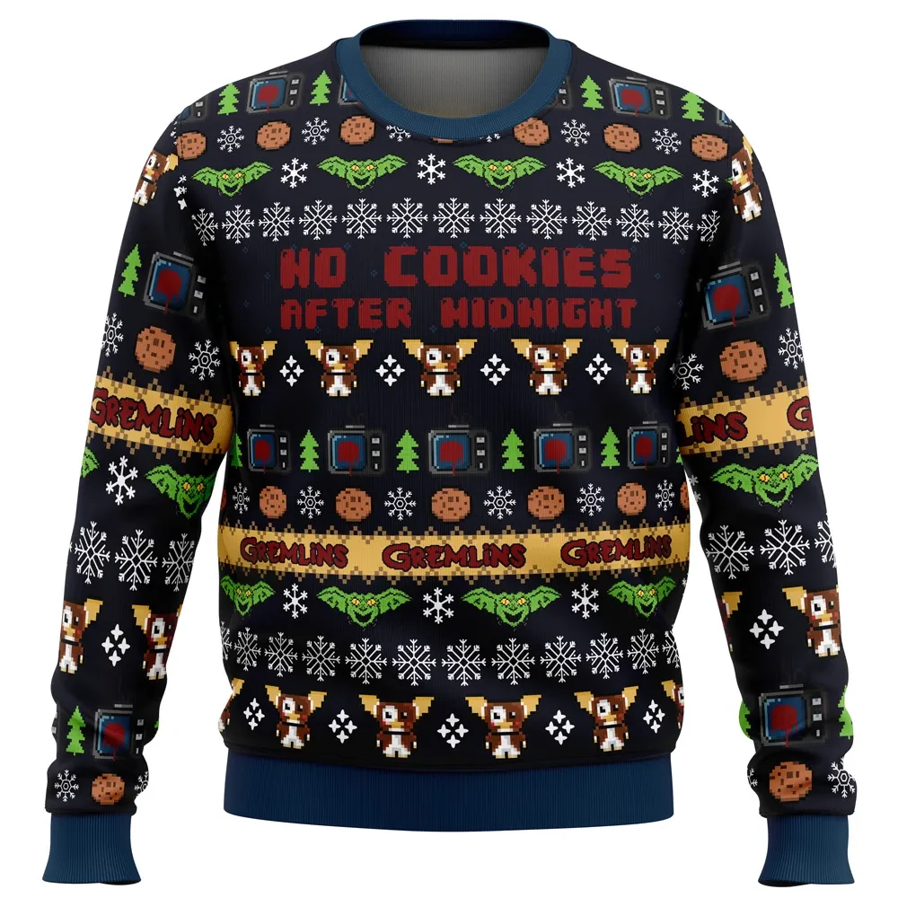 No Cookies After Midnight Gremlins Ugly Christmas Sweater, Gizmo Holiday Sweater, 80s Movie Xmas Gift, Mogwai Unisex All Over Print Pullover