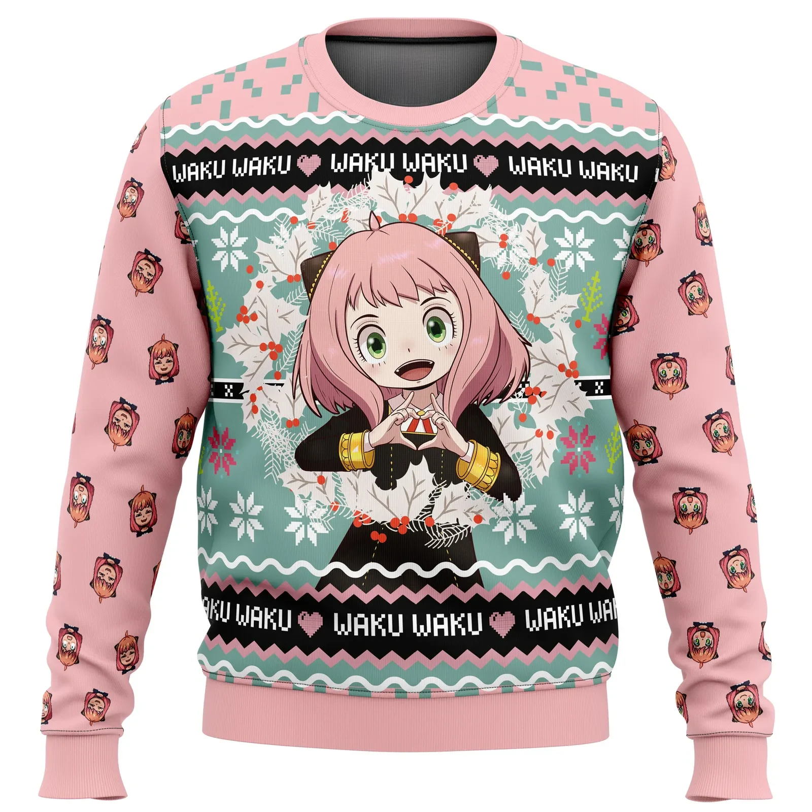 Anya Forger Waku Waku Spy x Family Ugly Christmas Sweater, Heart Hands Anime Holiday Sweater, Pink Kawaii Xmas Sweatshirt, Anime Xmas Gift