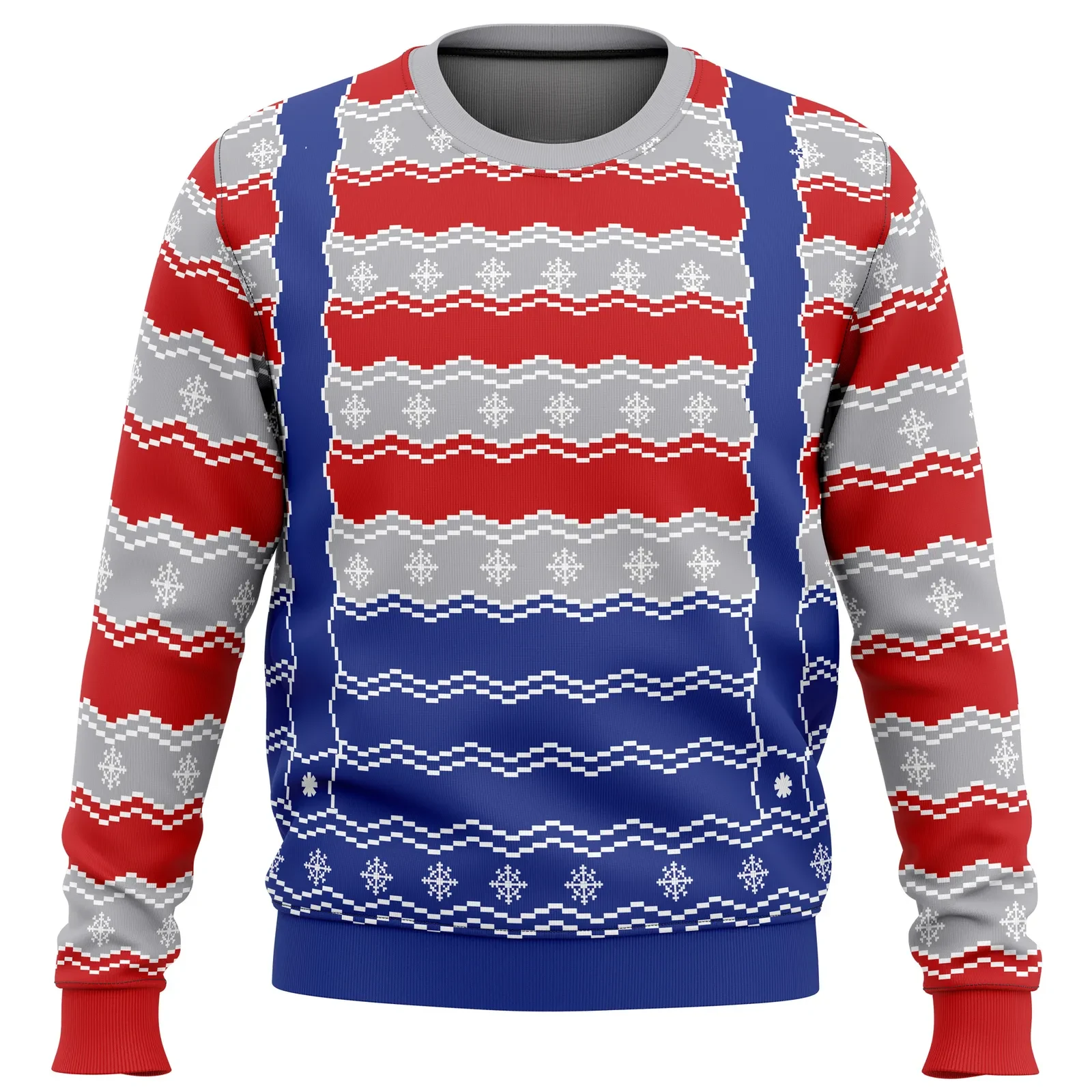 Manabu Tomodachi Game Ugly Christmas Sweater, Striped Suspender Style Anime Holiday Sweater, Unisex Crewneck Pullover, Anime Xmas Gift
