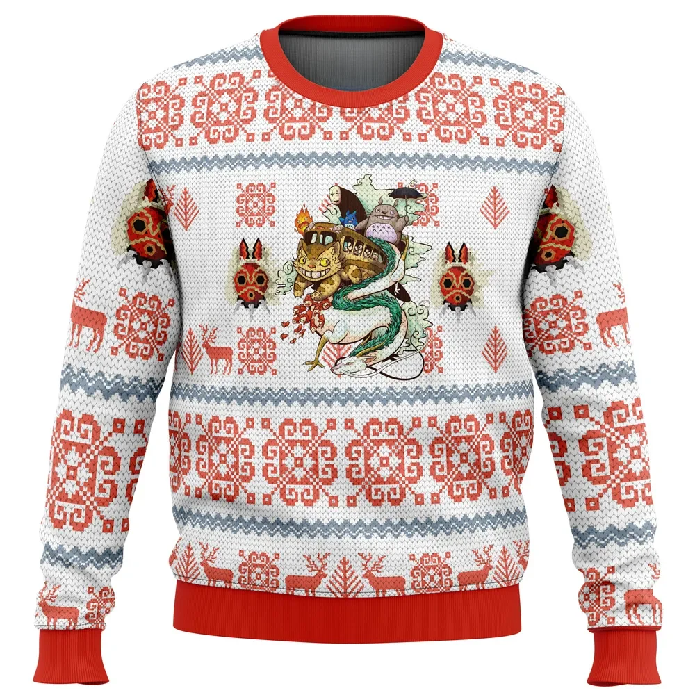 Studio Ghibli Light Ugly Christmas Sweater, Totoro Spirited Away Holiday Sweater, Catbus No-Face Haku Folk Pattern Anime Movie Xmas Gift
