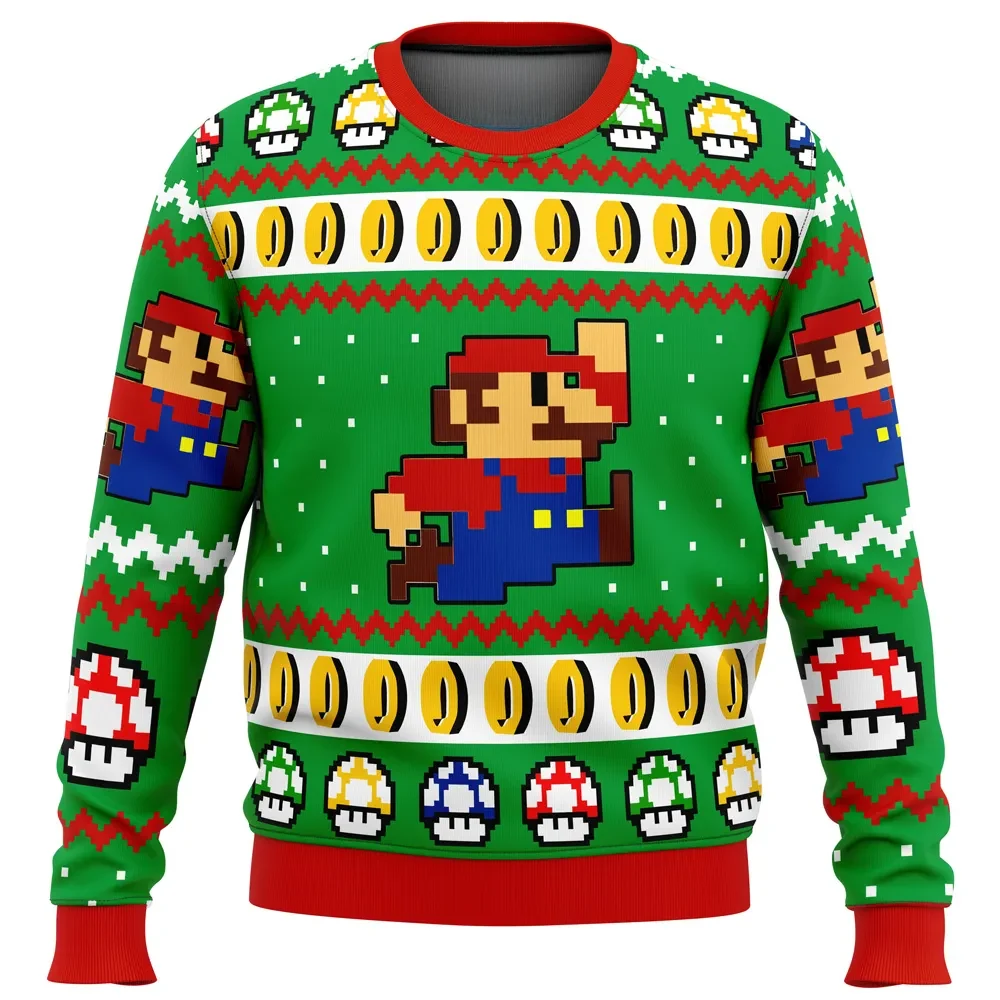 Mario Bros Jump Ugly Christmas Sweater, Super Mario Pixel Coins and Mushrooms Gamer Holiday Sweater, Retro Gaming Xmas Gift for Nintendo Fans