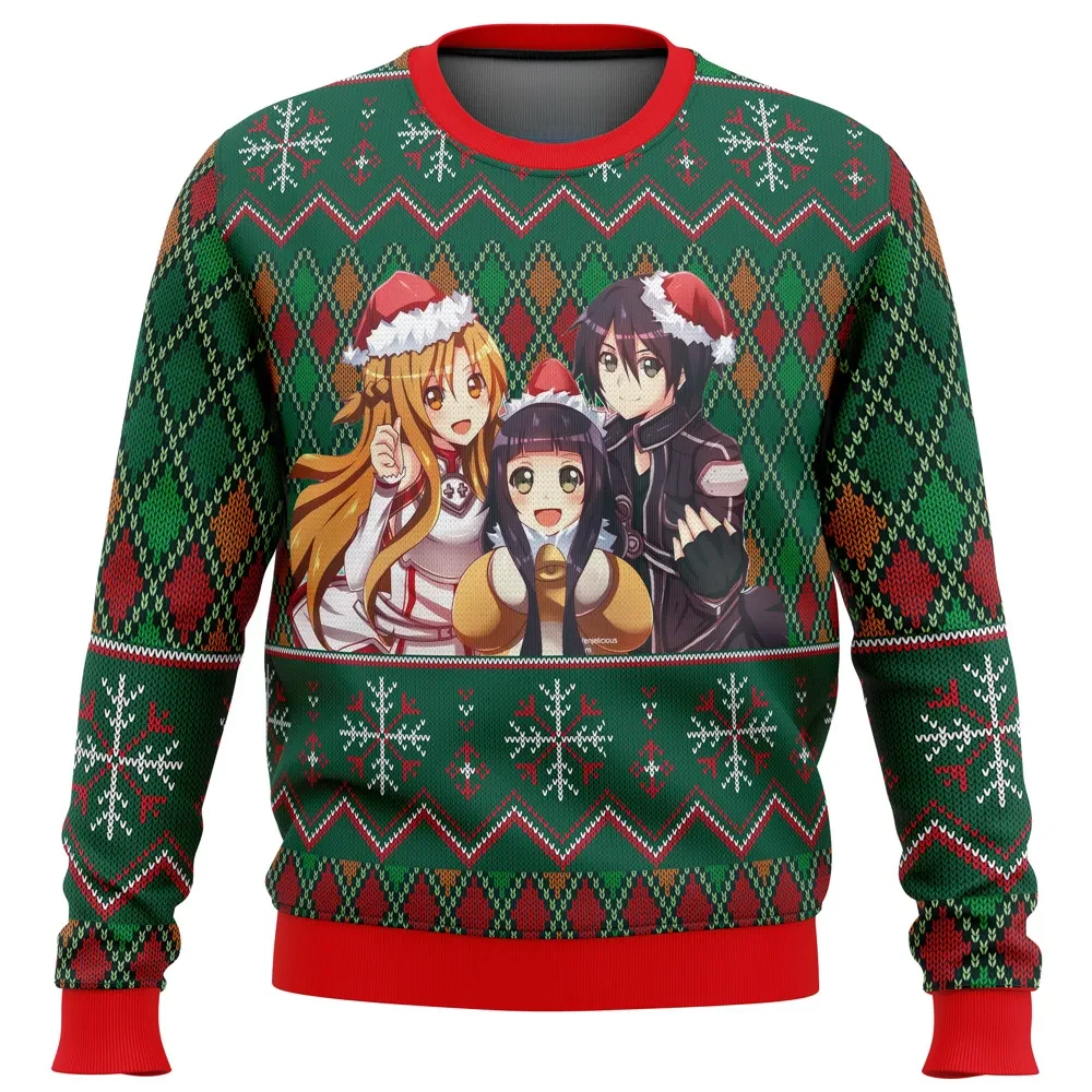 Sword Art Online Ugly Christmas Sweater, SAO Kirito Asuna and Yui Santa Hat Holiday Sweater, Anime Xmas Gift, Unisex All Over Print Sweatshirt