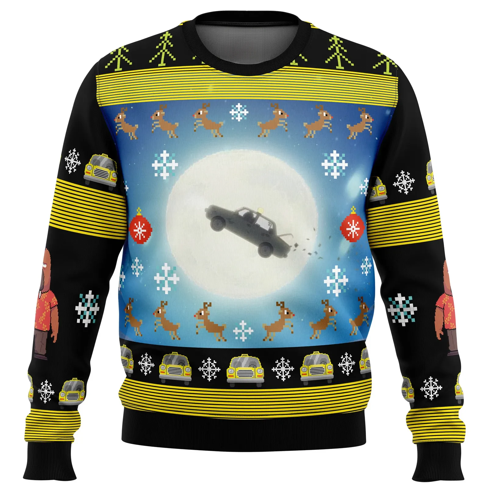 Full Moon Odd Taxi Ugly Christmas Sweater, Flying Cab and Reindeer Anime Holiday Sweater, Unisex All Over Print Sweatshirt, Anime Xmas Gift