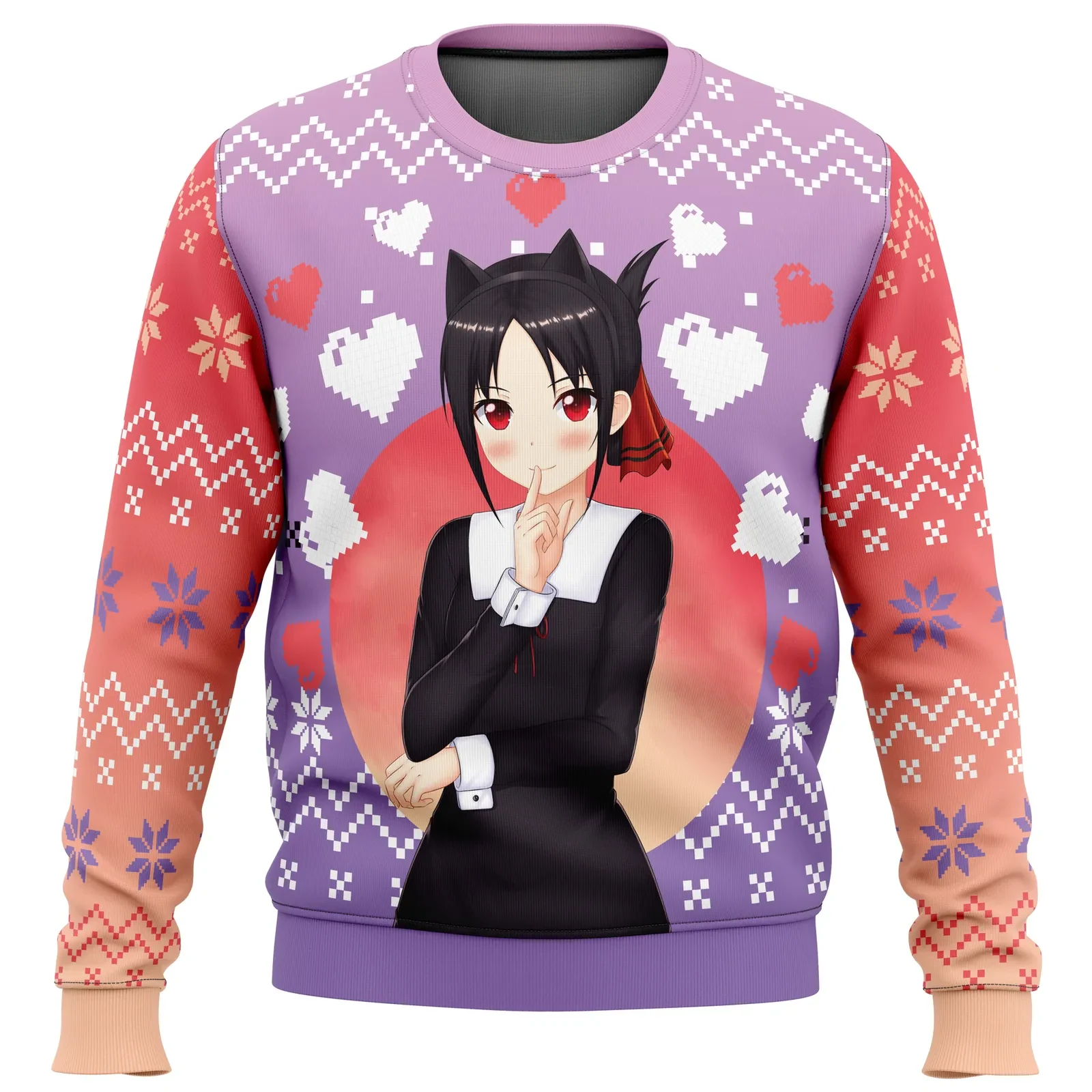 Kaguya Shinomiya Kaguya-sama: Love Is War Ugly Christmas Sweater, Cat Ear Anime Holiday Sweater, Pink Hearts Sweatshirt, Anime Xmas Gift