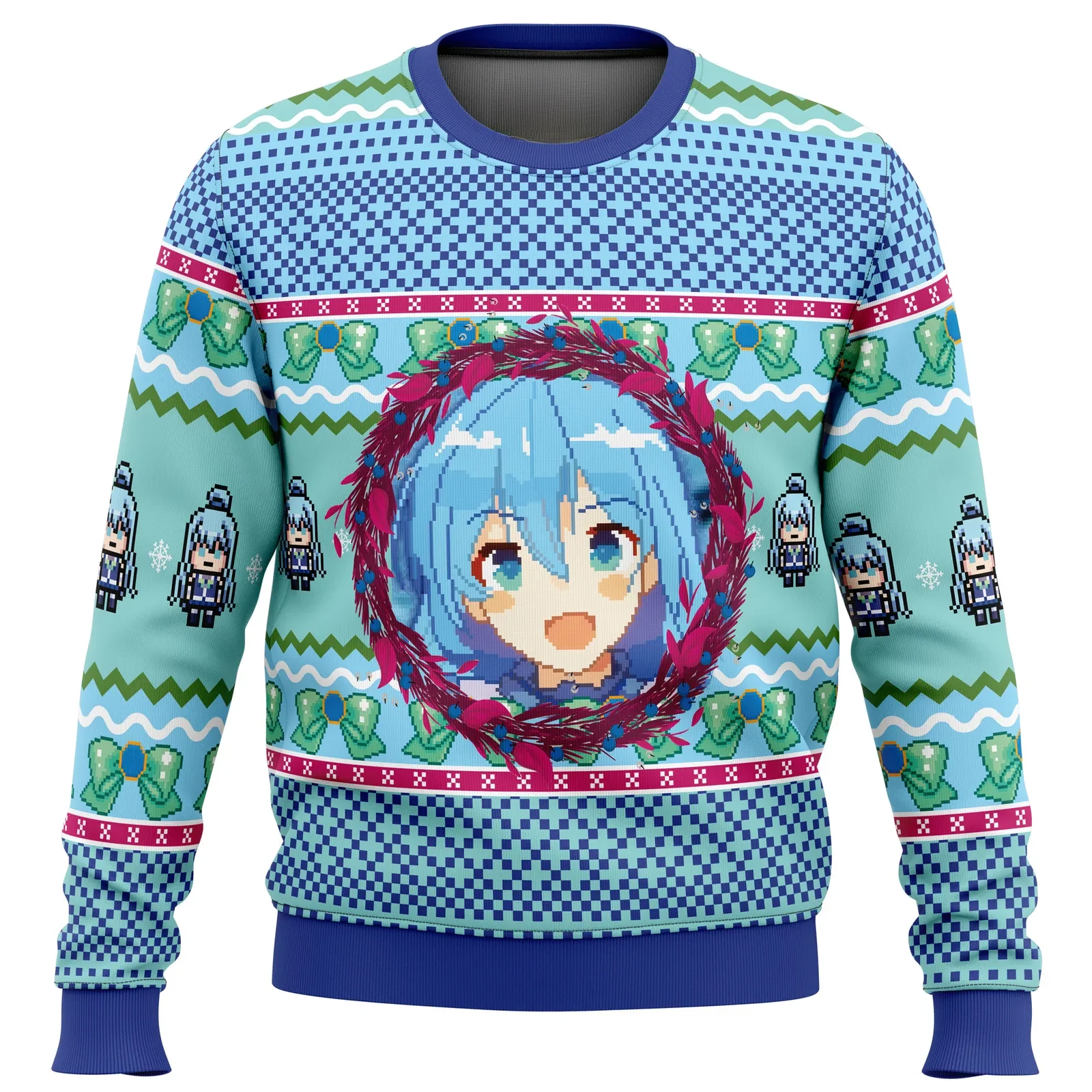 Aqua KonoSuba Ugly Christmas Sweater, KonoSuba Holiday Sweater, Water Goddess Wreath Portrait, Anime Xmas Gift for Isekai Fans, Unisex Sweatshirt