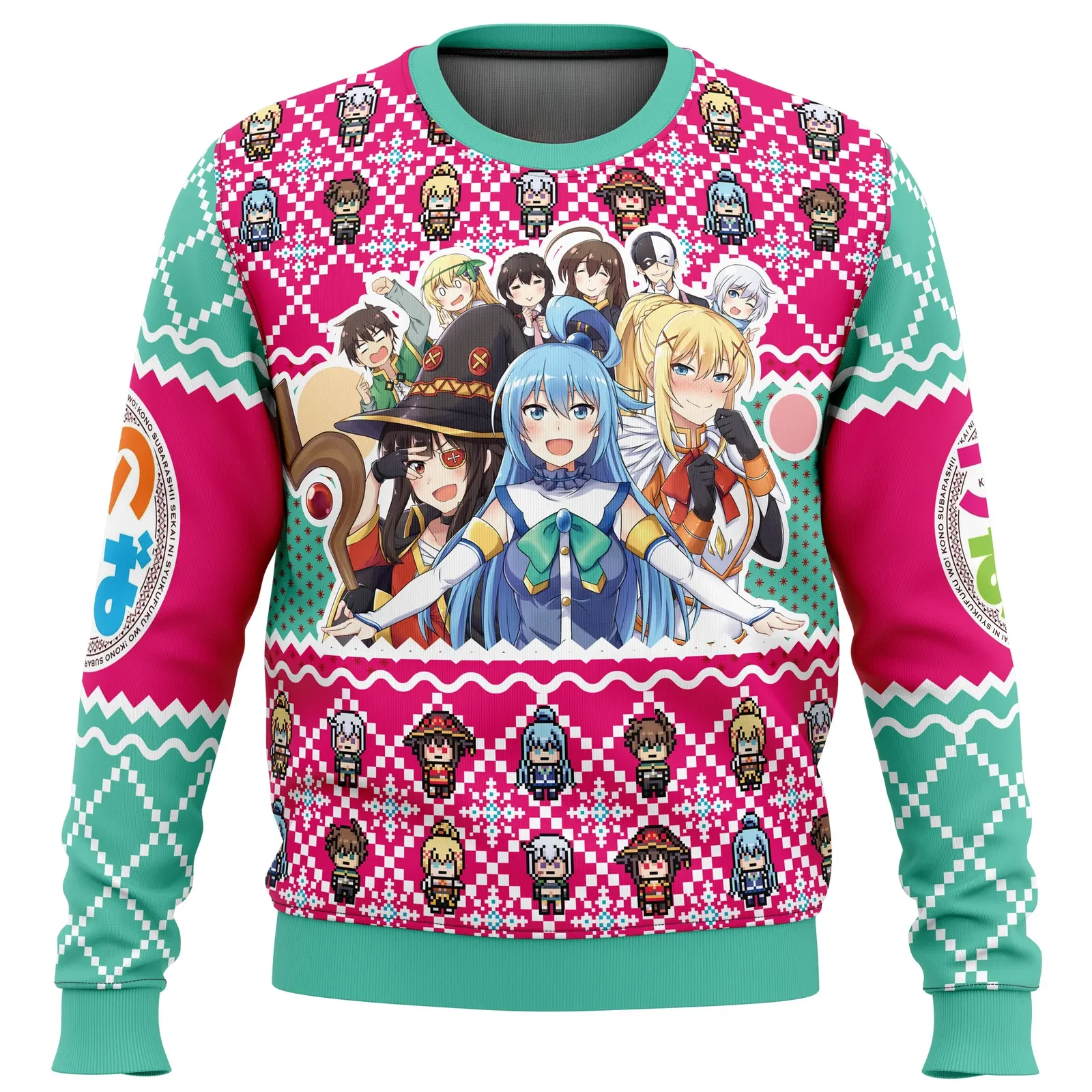 KonoSuba Ugly Christmas Sweater, Kazuma Aqua Megumin Darkness Holiday Sweater, Chibi Isekai Comedy Anime Xmas Gift for Fans