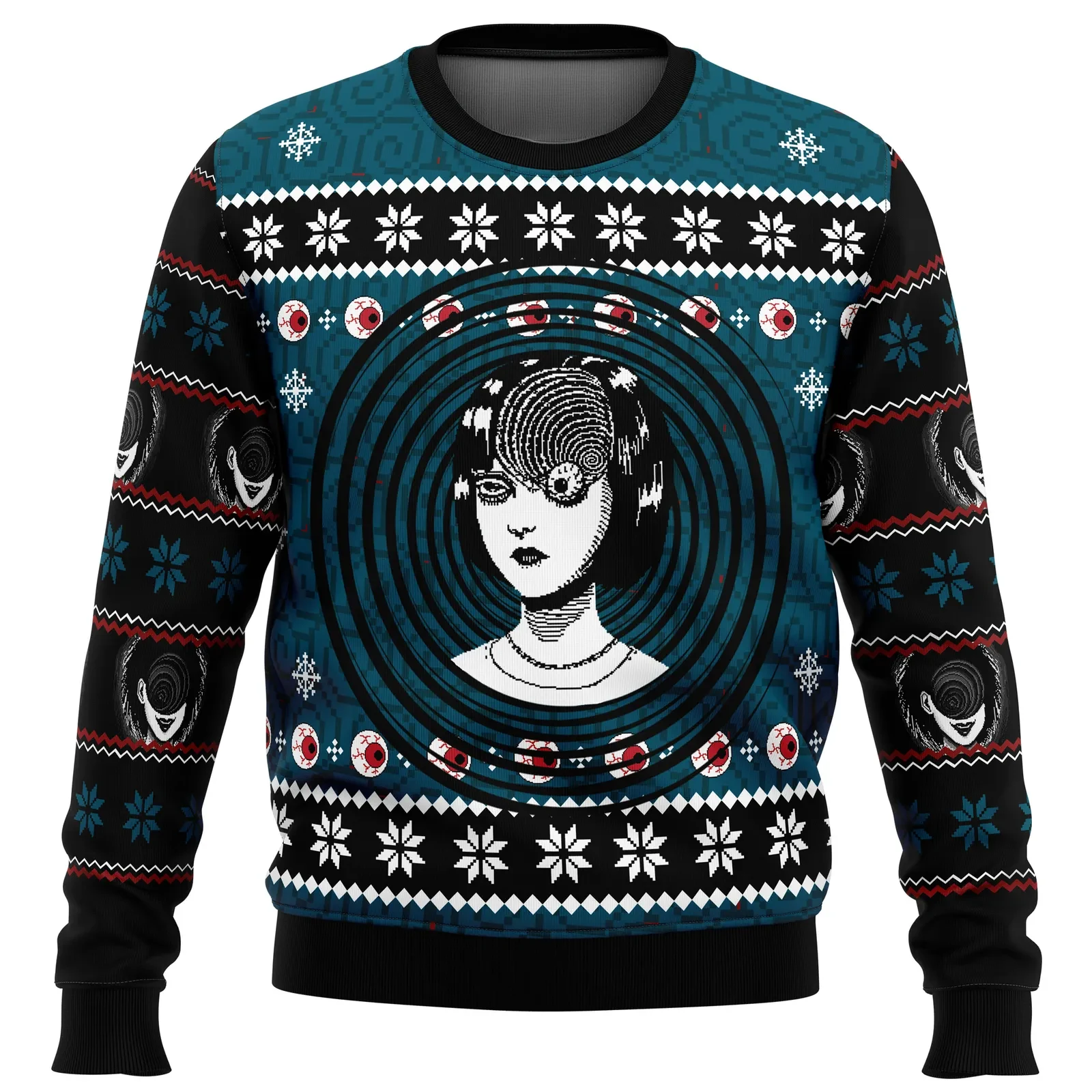 Uzumaki Junji Ito Ugly Christmas Sweater, Kirie Spiral Horror Manga Holiday Sweater, Unisex All Over Print Xmas Sweatshirt, Anime Gift for Fans