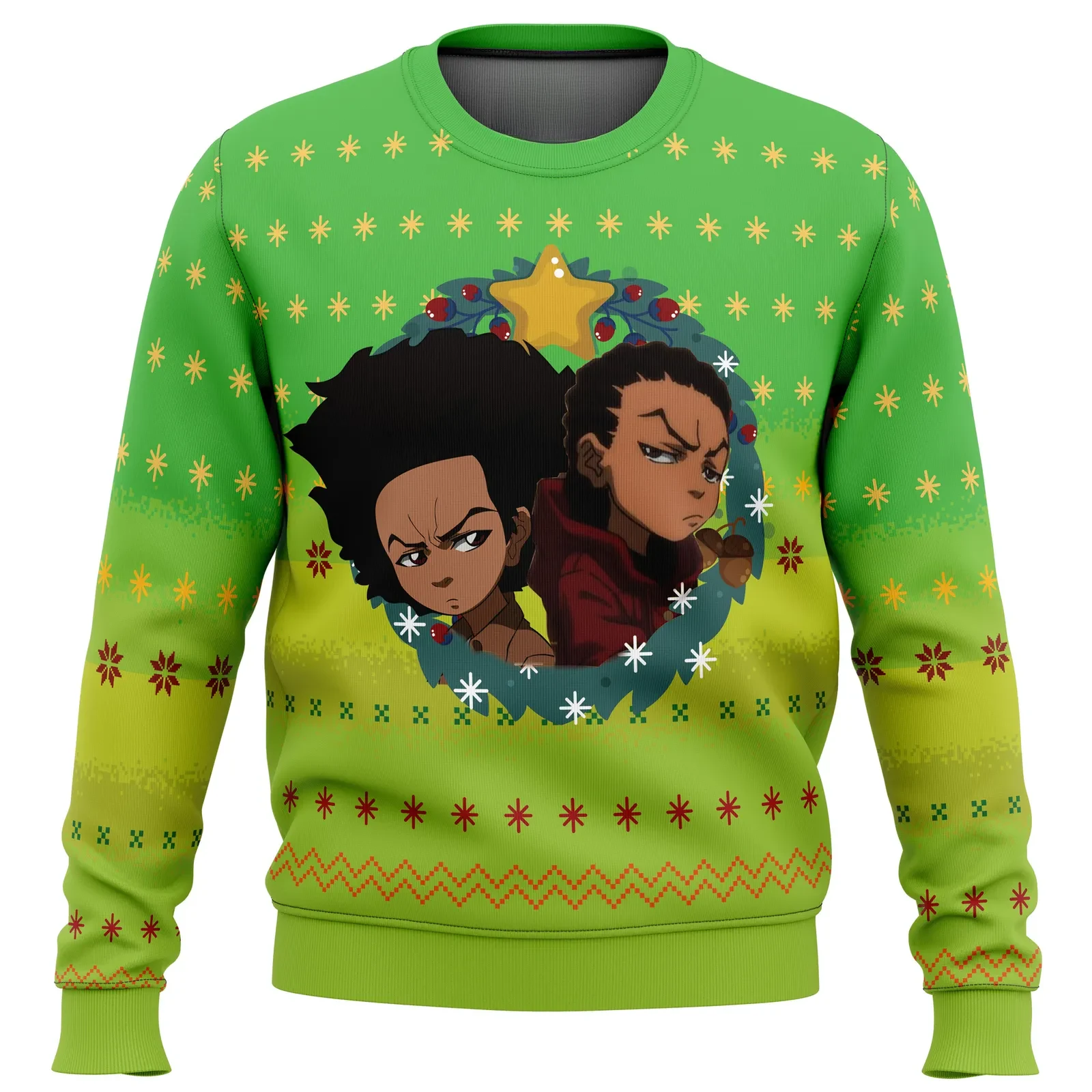 The Boondocks Ugly Christmas Sweater, Huey and Riley Freeman Wreath Holiday Sweater, Unisex Xmas Sweatshirt, Adult Cartoon Fan Xmas Gift