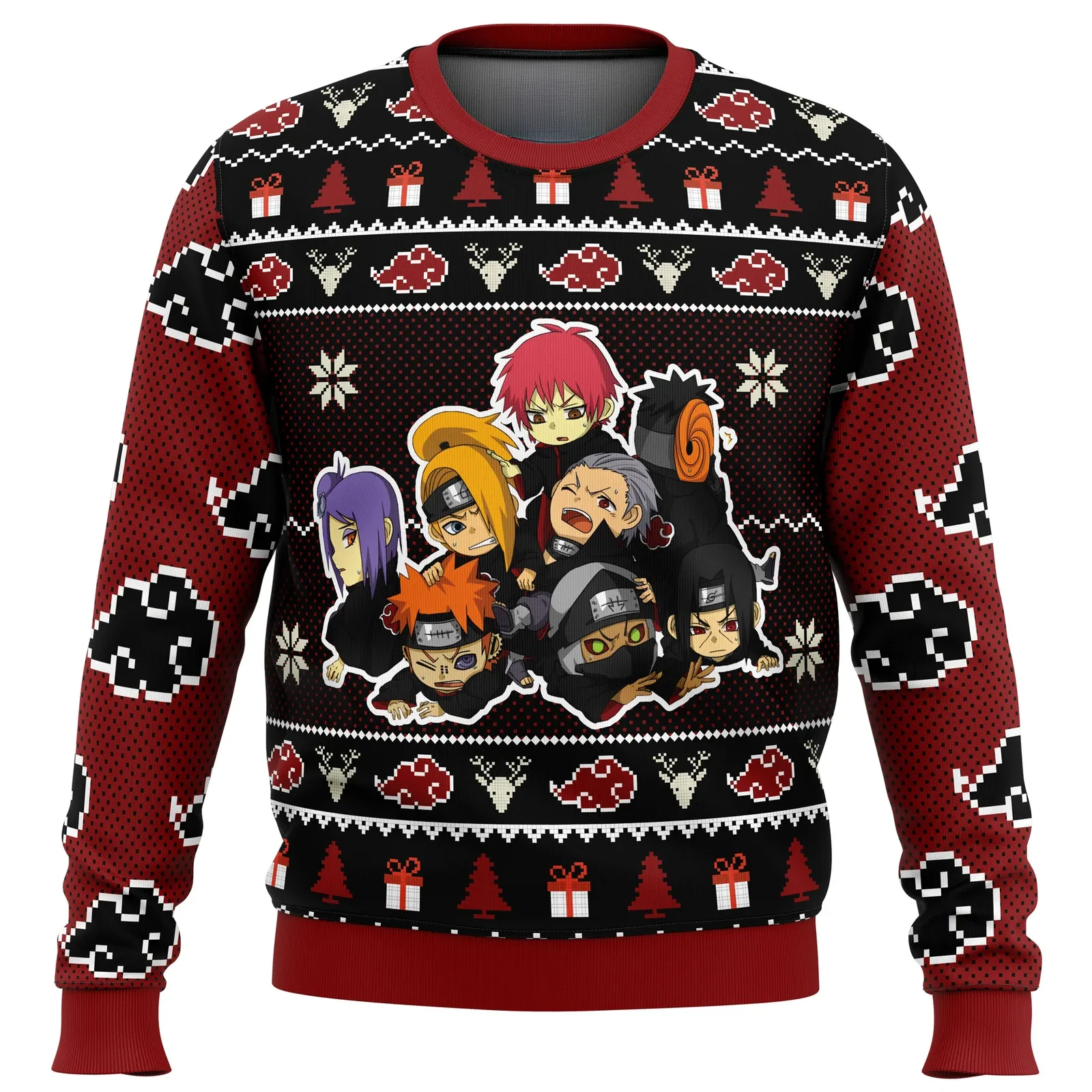 Chibi Akatsuki Naruto Shippuden Ugly Christmas Sweater, Akatsuki Red Cloud Anime Holiday Sweatshirt, Itachi Pain Deidara Xmas Gift