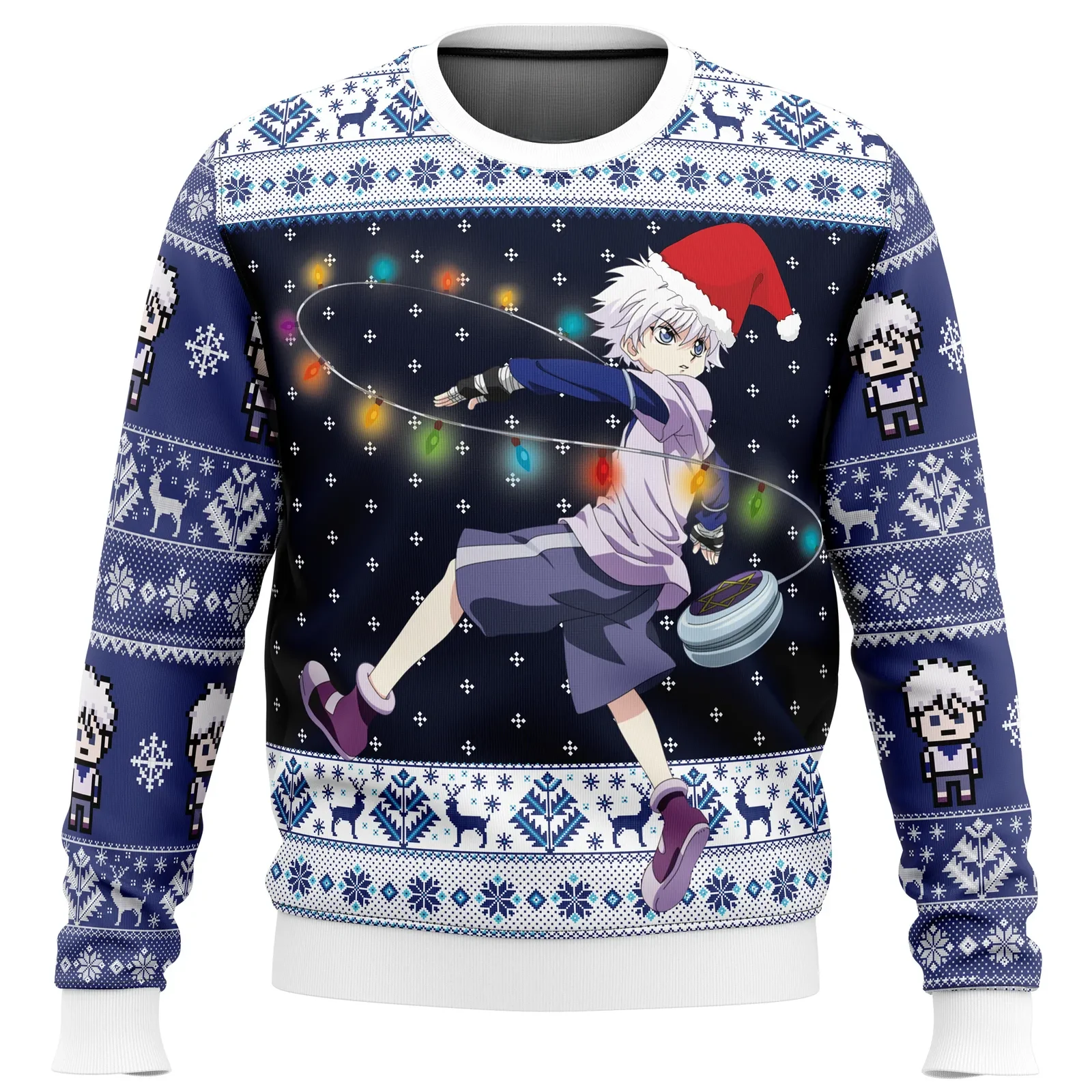 Killua Zoldyck Hunter X Hunter Ugly Christmas Sweater, Killua Yo-Yo Santa Hat Holiday Sweater, Unisex Anime Xmas Gift for HxH Fans
