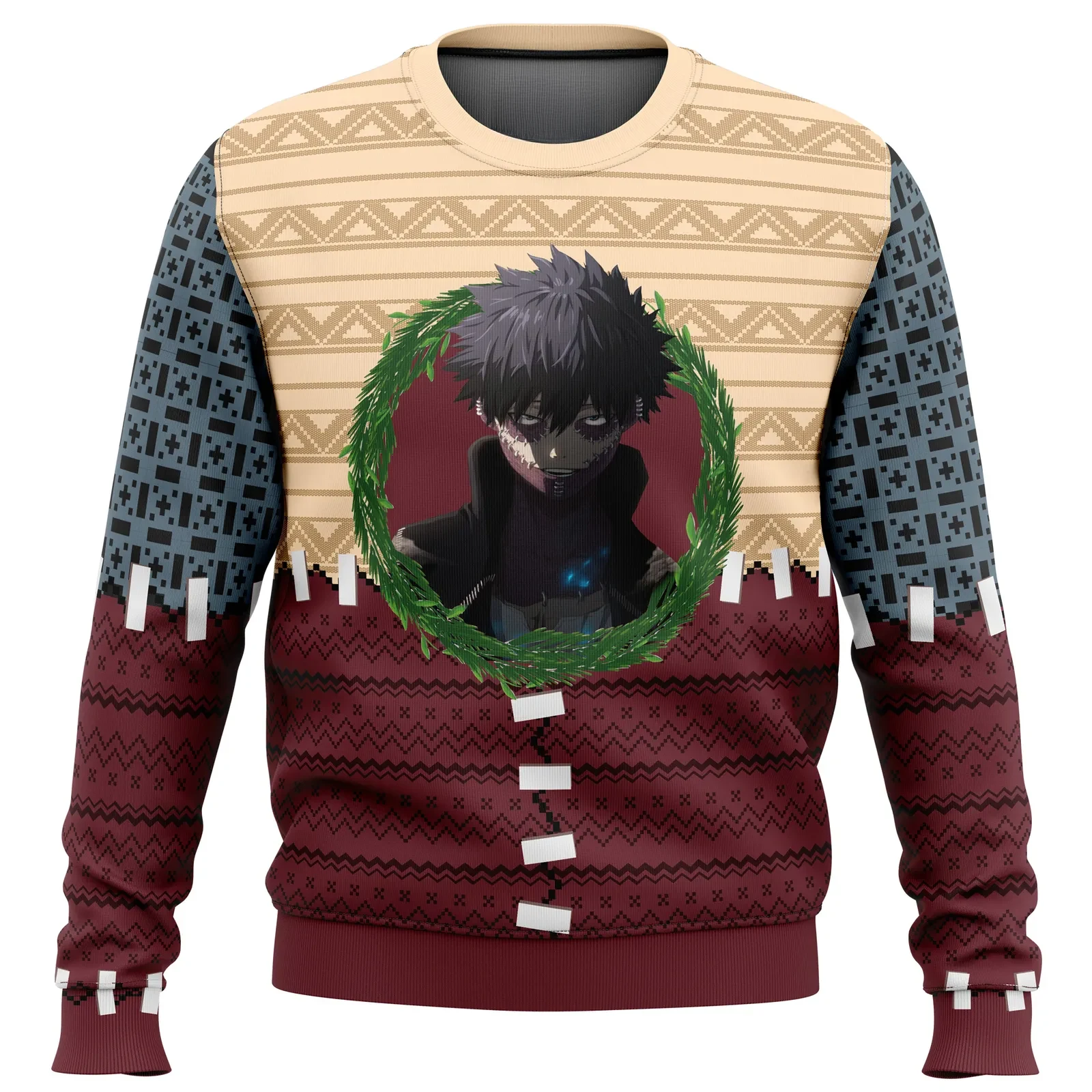 Dabi My Hero Academia Ugly Christmas Sweater, MHA Villain Holiday Sweatshirt with Wreath, Anime Xmas Gift for Boku no Hero Fans