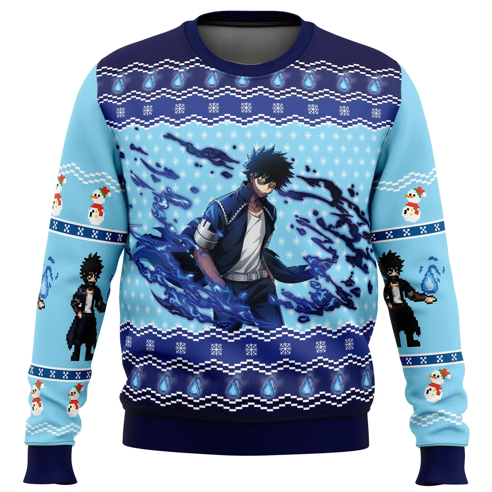 Dabi Blue Flame My Hero Academia Ugly Christmas Sweater, MHA Holiday Sweater with Snowmen, Anime Xmas Gift, Unisex All Over Print Sweatshirt