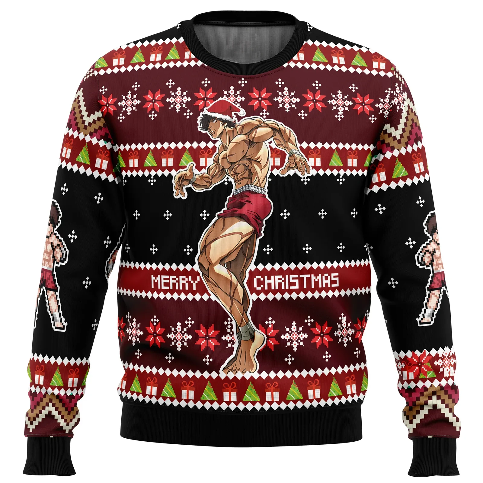 Santa Baki Ugly Christmas Sweater, Baki the Grappler Holiday Sweater, Hanma Martial Arts Burgundy and Black Sweatshirt, Anime Xmas Gift