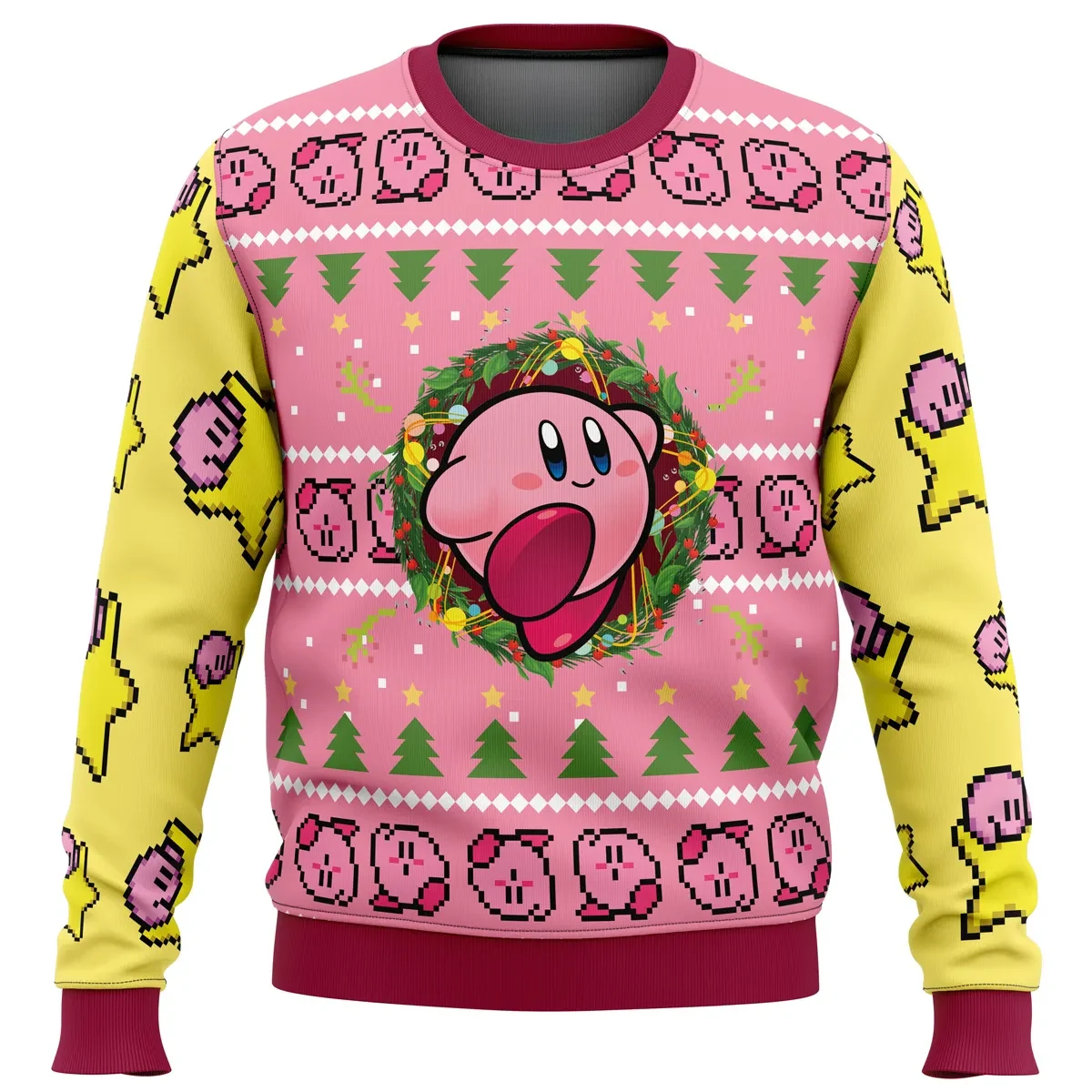Kirby Ugly Christmas Sweater, Nintendo Holiday Sweater with Kirby in a Wreath and Yellow Star Sleeves, Unisex Pullover, Gamer Xmas Gift