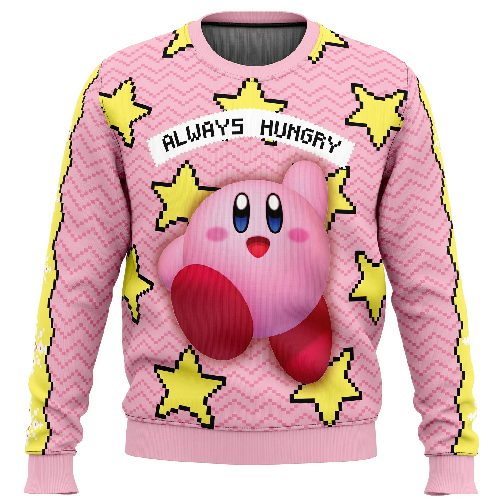 Always Hungry Kirby Ugly Christmas Sweater, Nintendo Kirby Holiday Sweater with Pixel Stars, Pink Gamer Xmas Gift, Unisex All Over Print Top