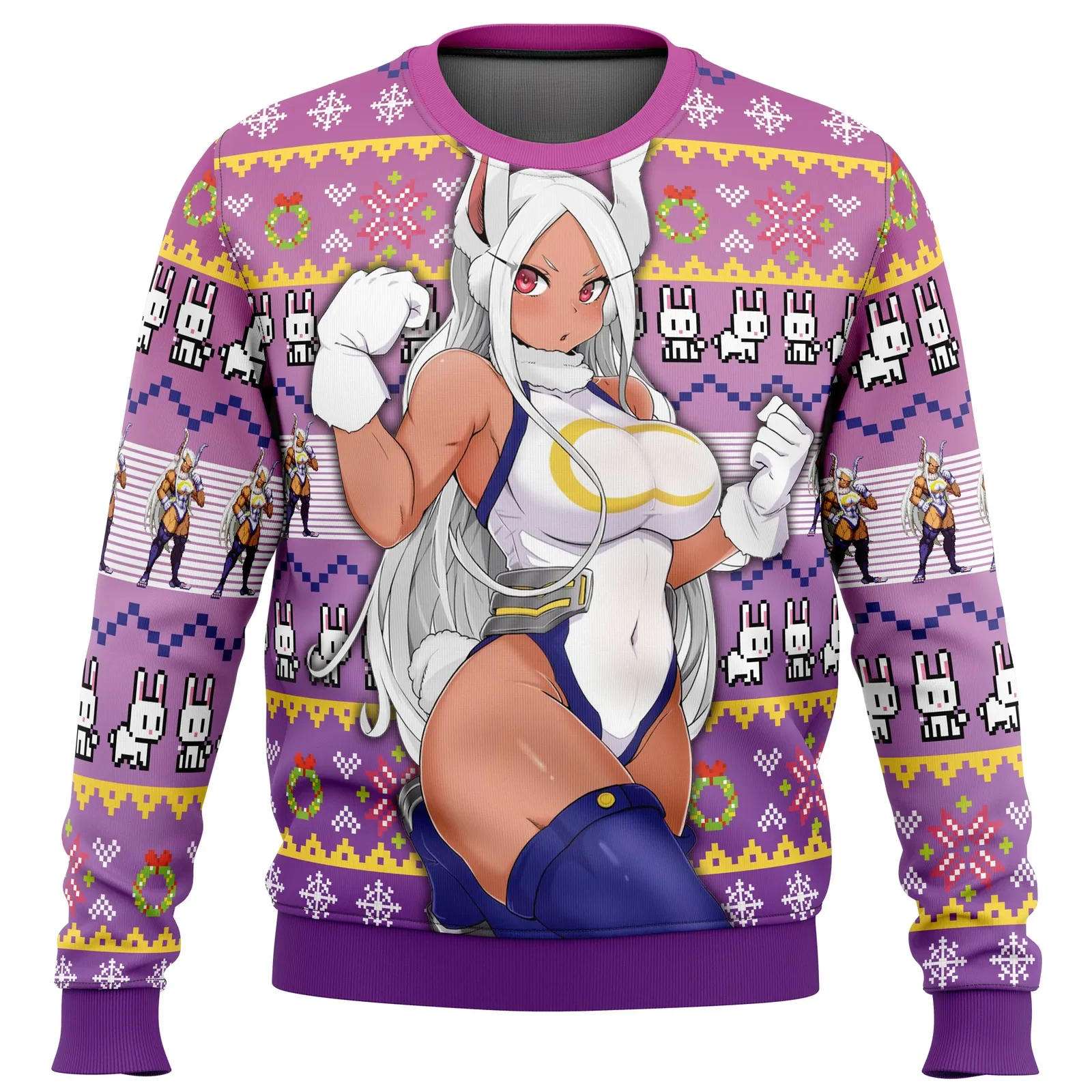 Rumi Usagiyama Mirko My Hero Academia Ugly Christmas Sweater, Rabbit Hero MHA Holiday Sweater, Purple Anime Xmas Gift for Fans