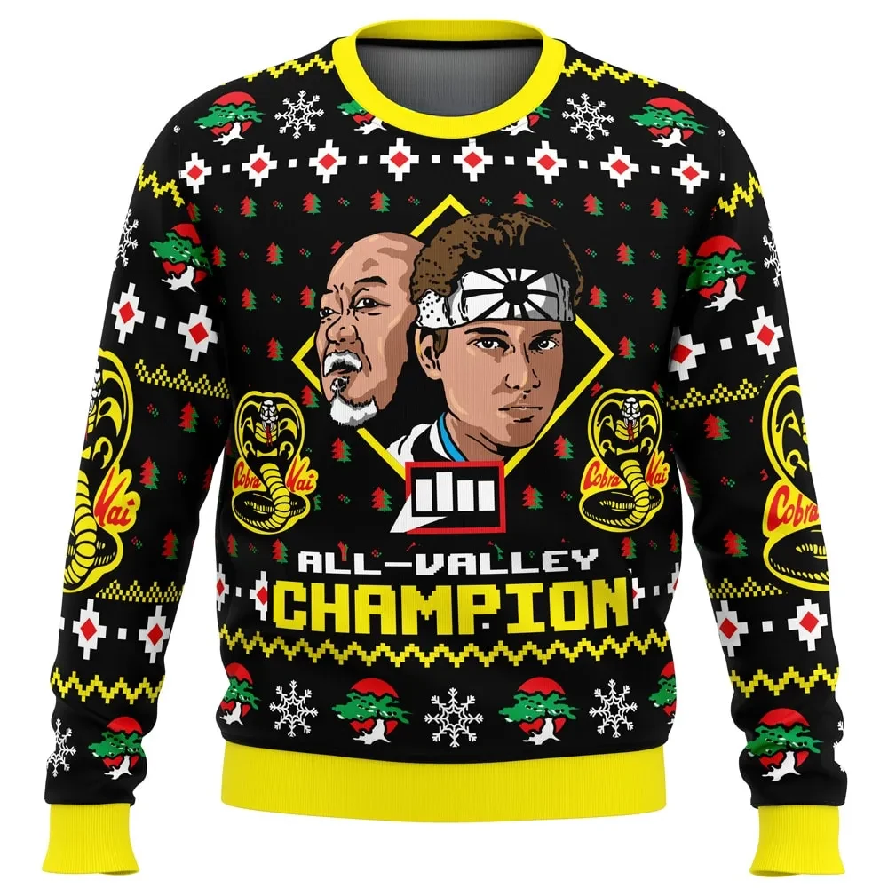 Karate Kid All-Valley Champion Ugly Christmas Sweater, Cobra Kai Holiday Sweatshirt, Miyagi and Daniel LaRusso Movie Xmas Gift for 80s Fans