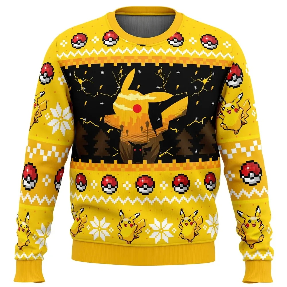 Electric Monster Pokemon Ugly Christmas Sweater, Pikachu Pokemon Holiday Sweater, Thunder Silhouette Anime Gamer Xmas Gift for Fans